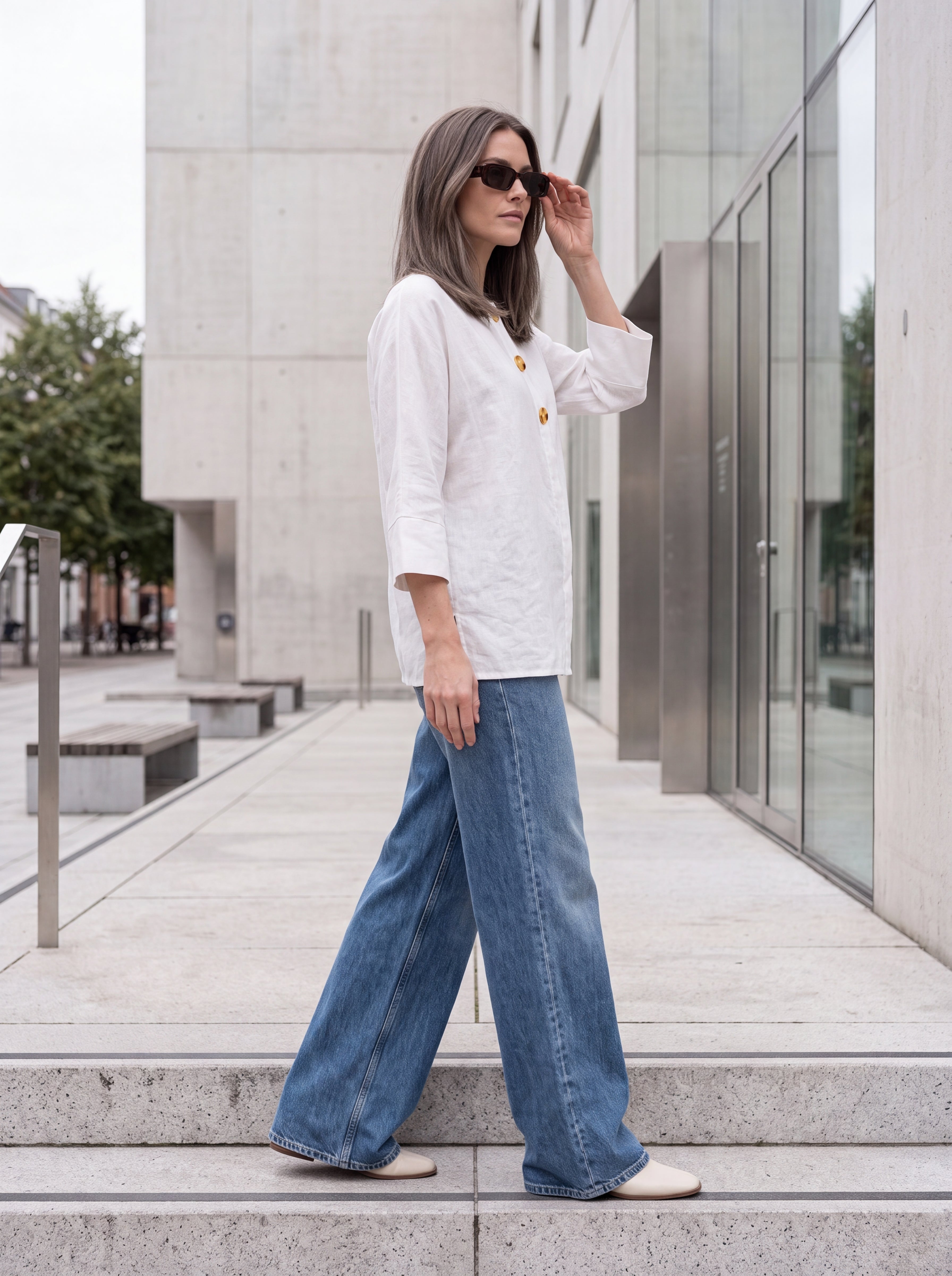 Women's White Linen Button Detail Top | Premium Relaxed Casual Blouse