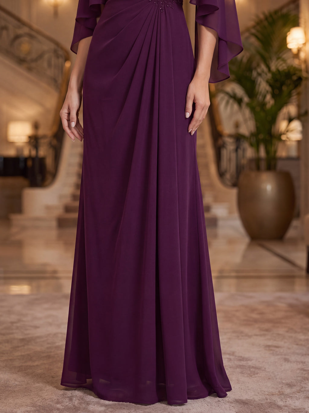 Plum Chiffon Cape Sleeve Evening Gown