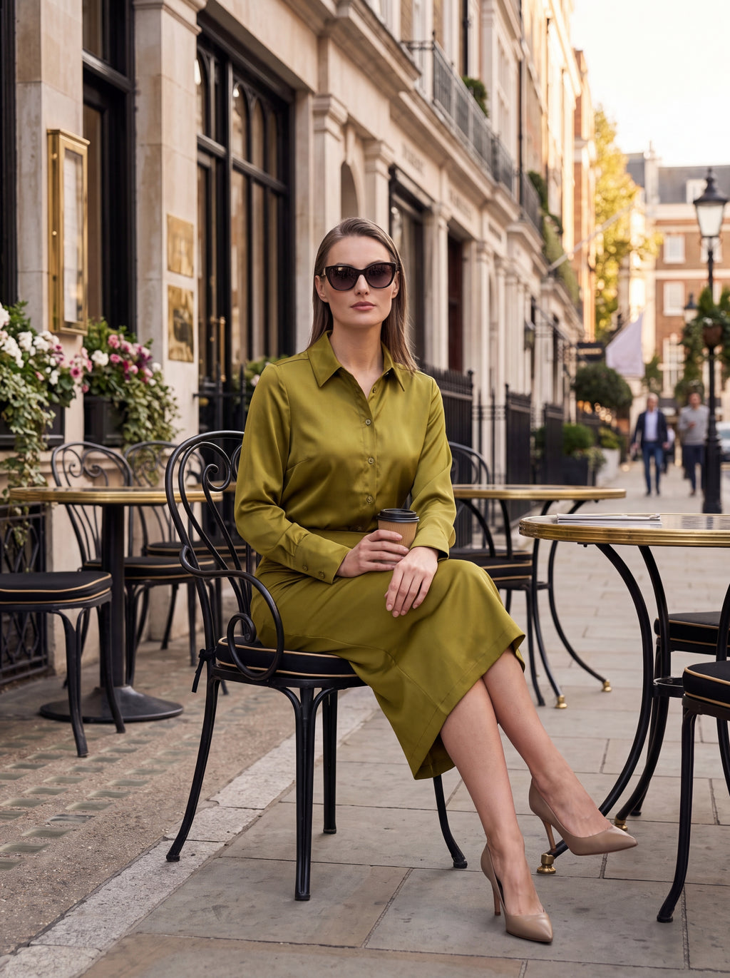 Women's Olive Satin Pencil Midi Skirt