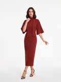 Woman's Rust High Neck Midi Dress with Cape Sleeves | Premium European Women's Dress