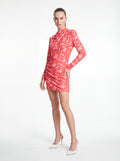 Women's Coral Floral Ruched Mini Dress – Elegant Long Sleeve Bodycon Dress