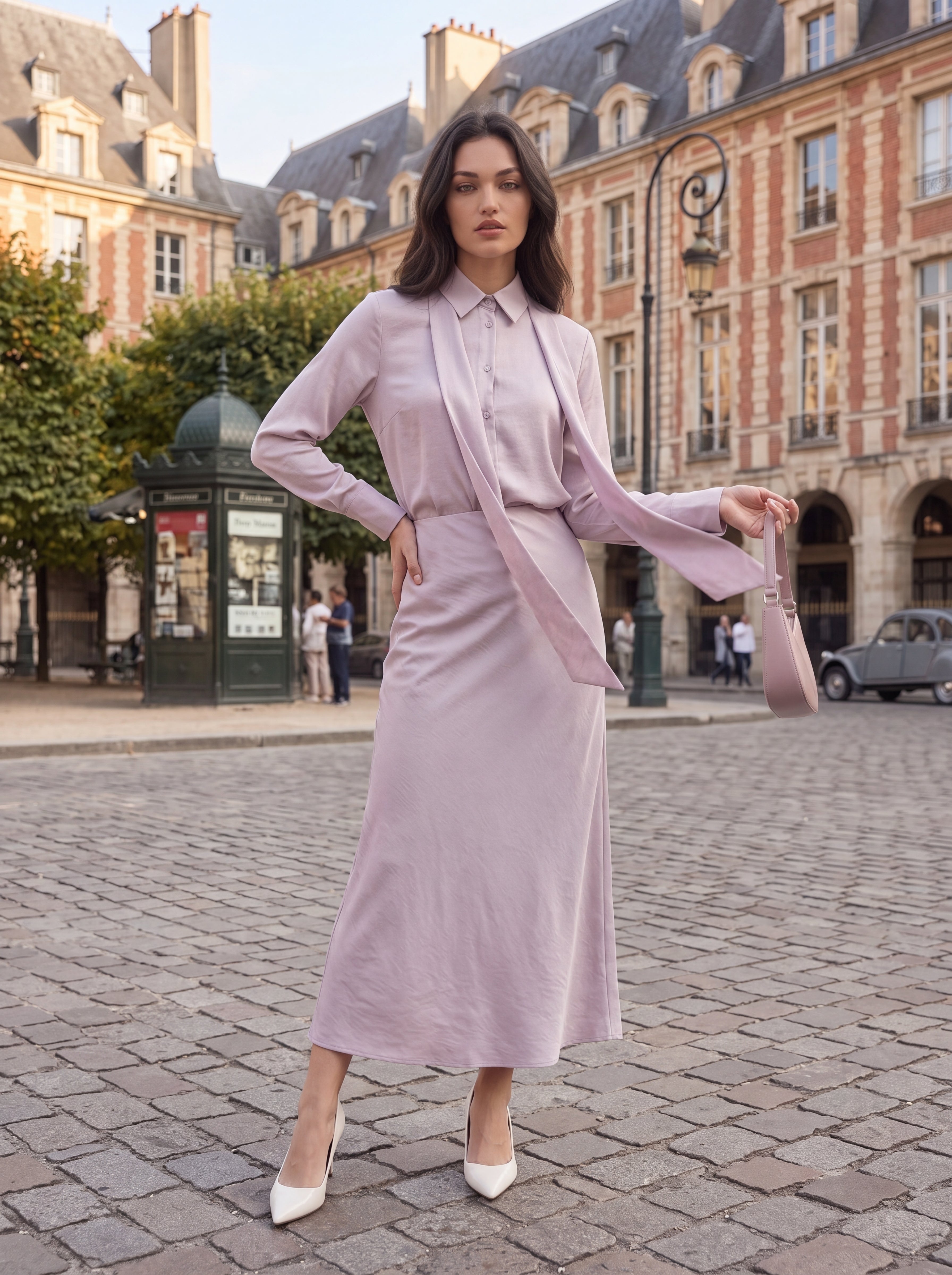 Women's Satin Blouse & Maxi Skirt with Scarf Tie