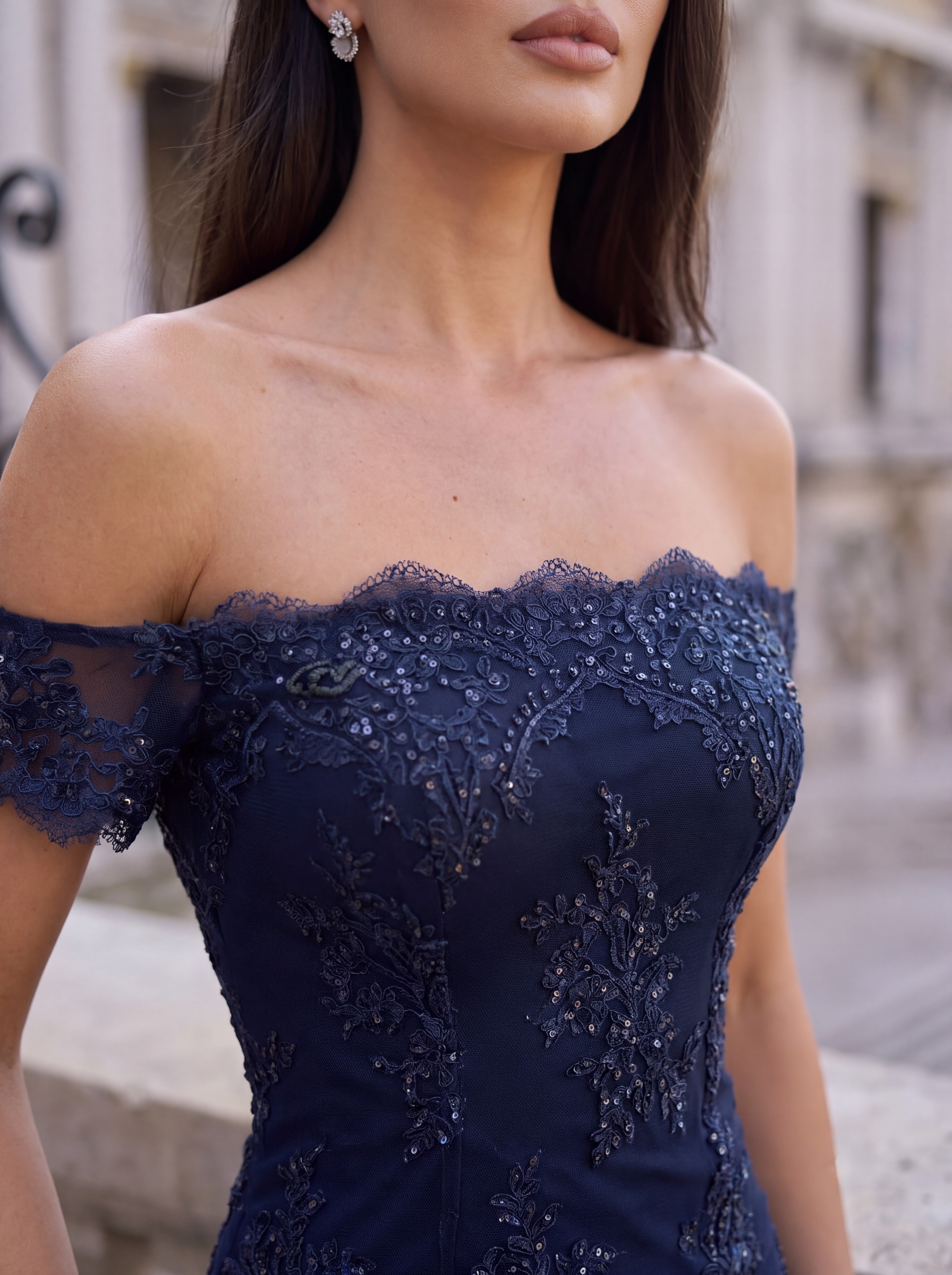 Navy Off-Shoulder Lace Bodycon Midi Dress