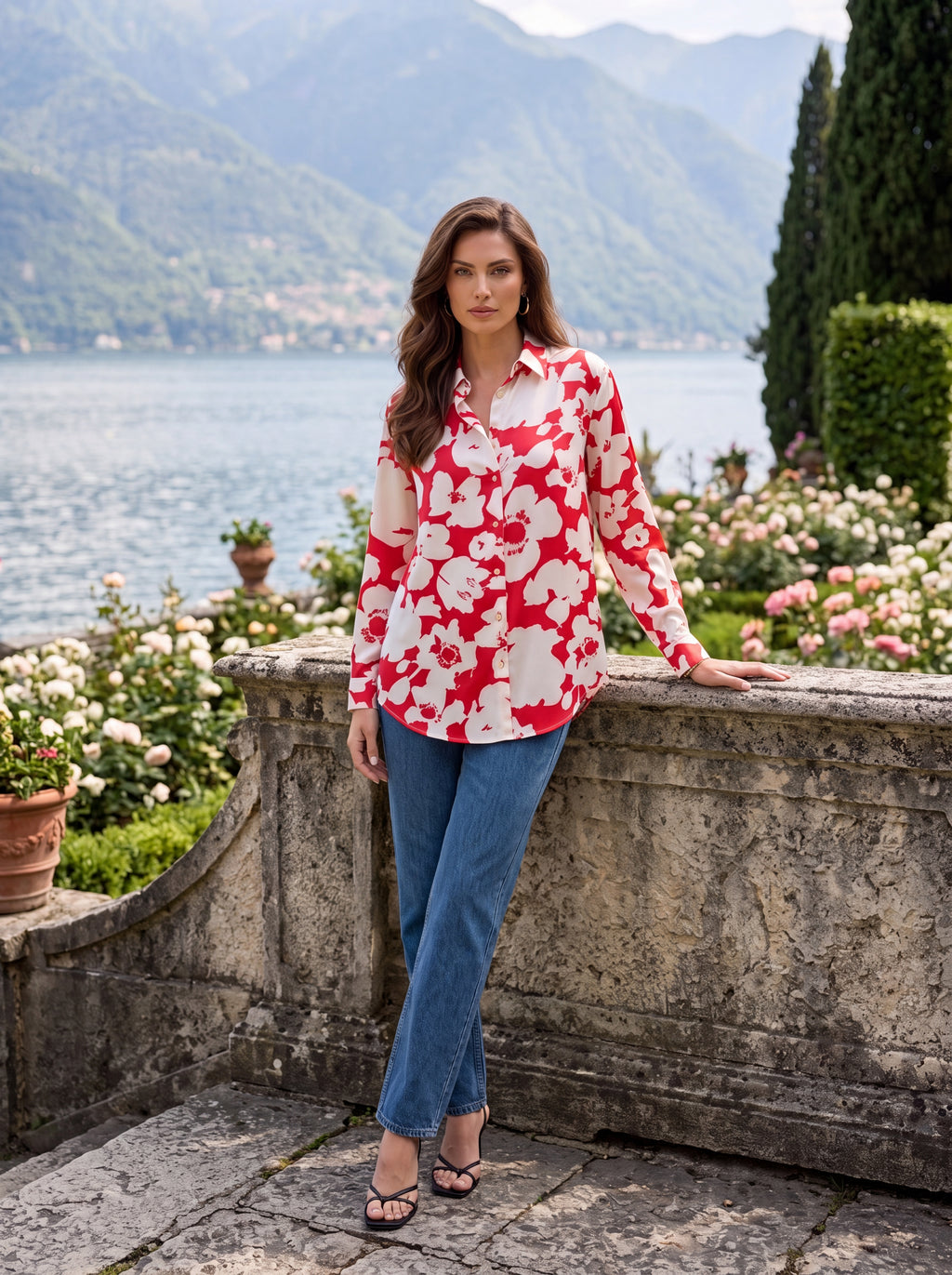 Women's Bold Floral Print Satin Shirt | Premium European Designer Blouse