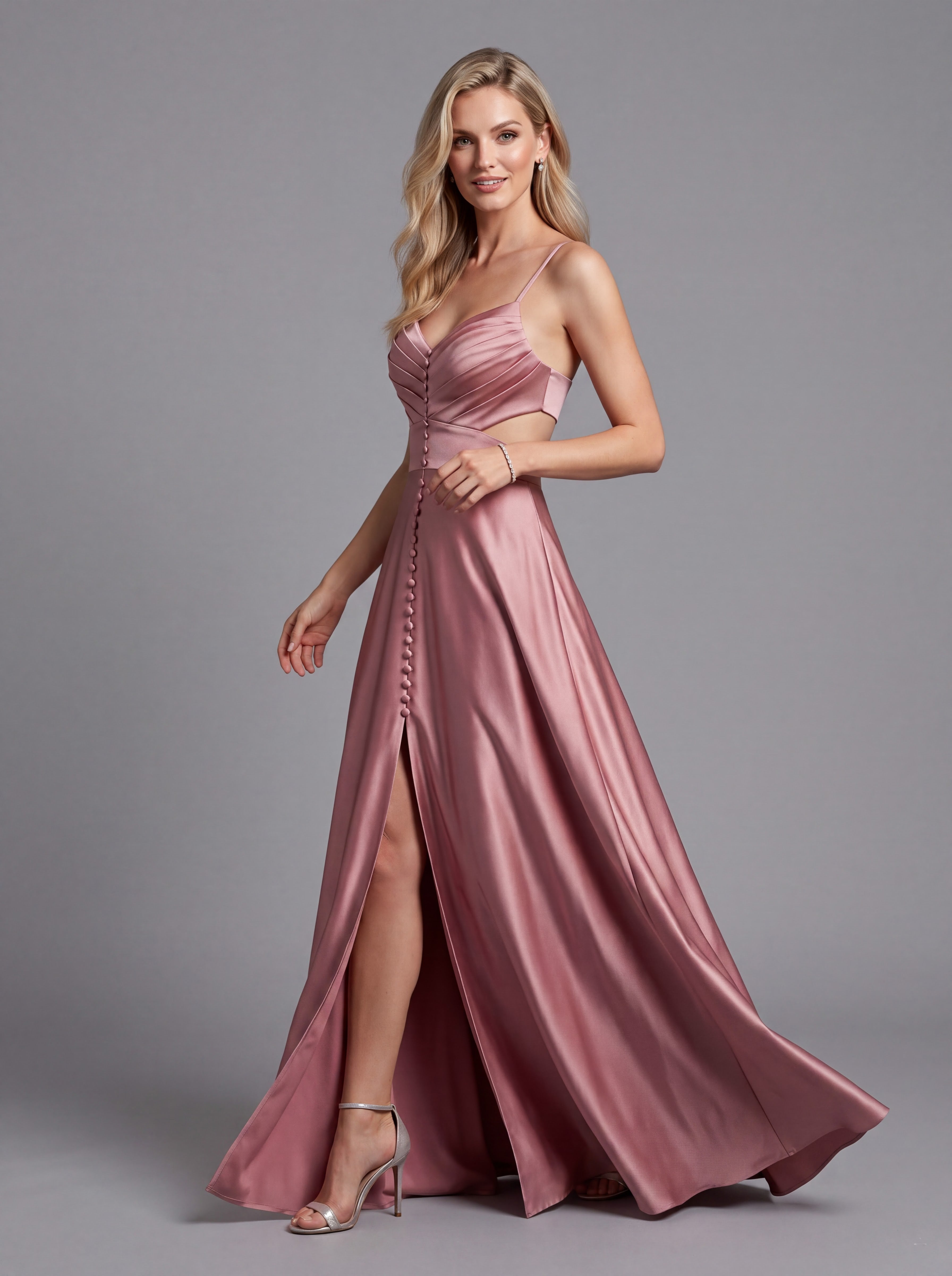 Dusty Rose Satin A-Line Evening Gown
