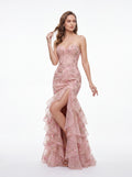 Blush Pink Floral Embroidered Strapless High Slit Evening Gown