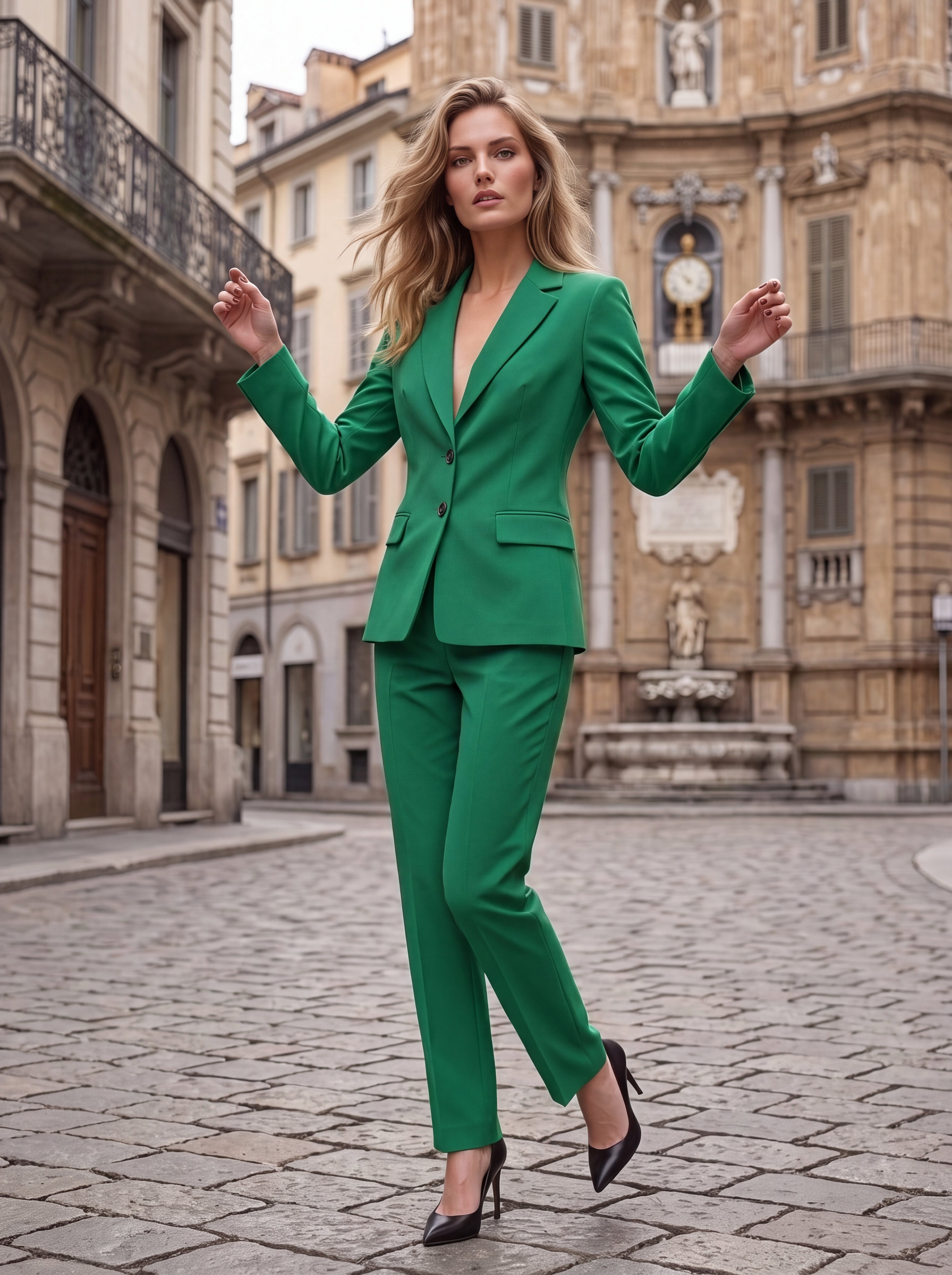 Women's Emerald Green High-Waisted Slim-Fit Tailored Trousers – Premium European Formal Office Pants