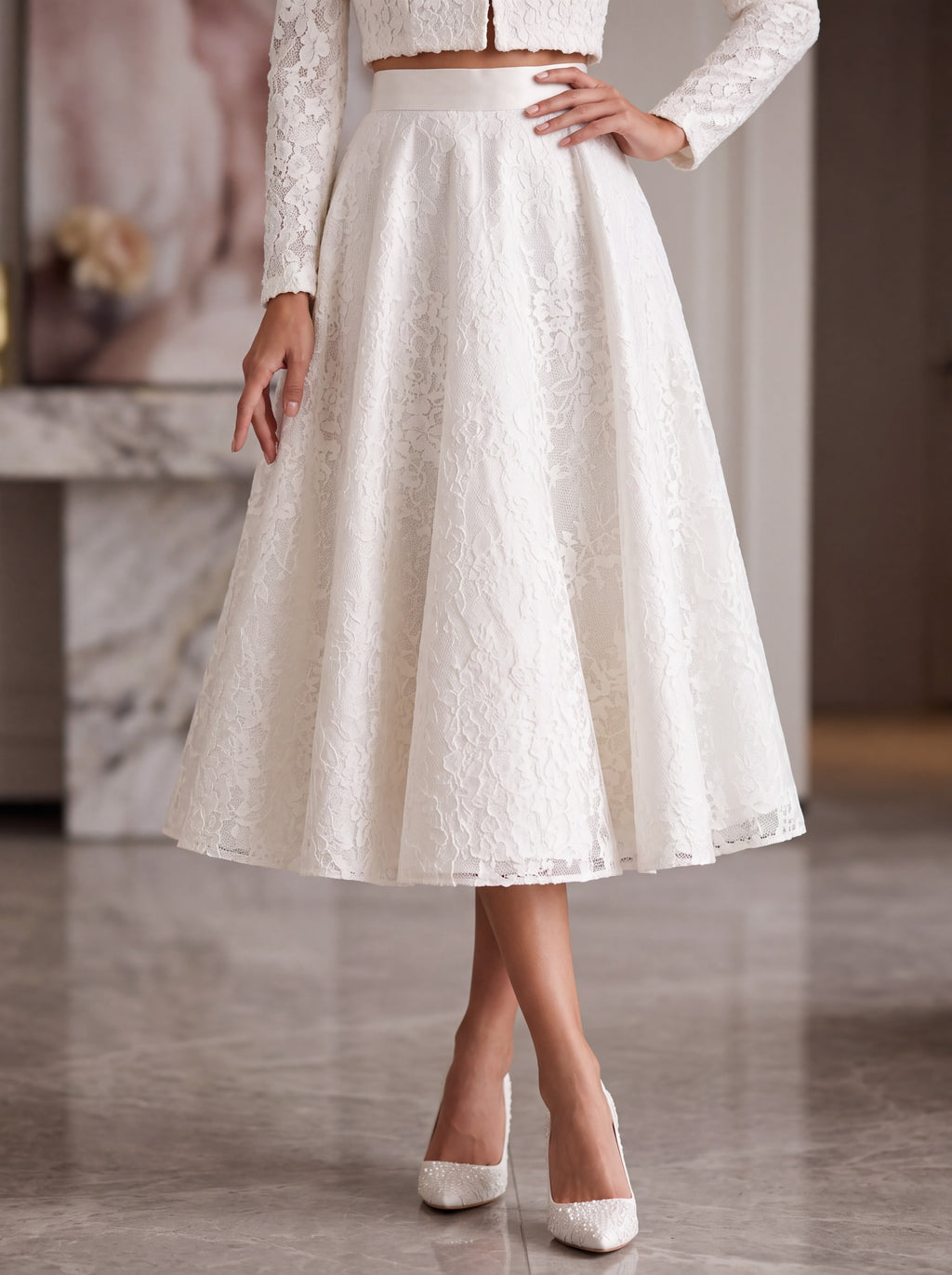 Ivory Lace Two-Piece Midi Dress Set