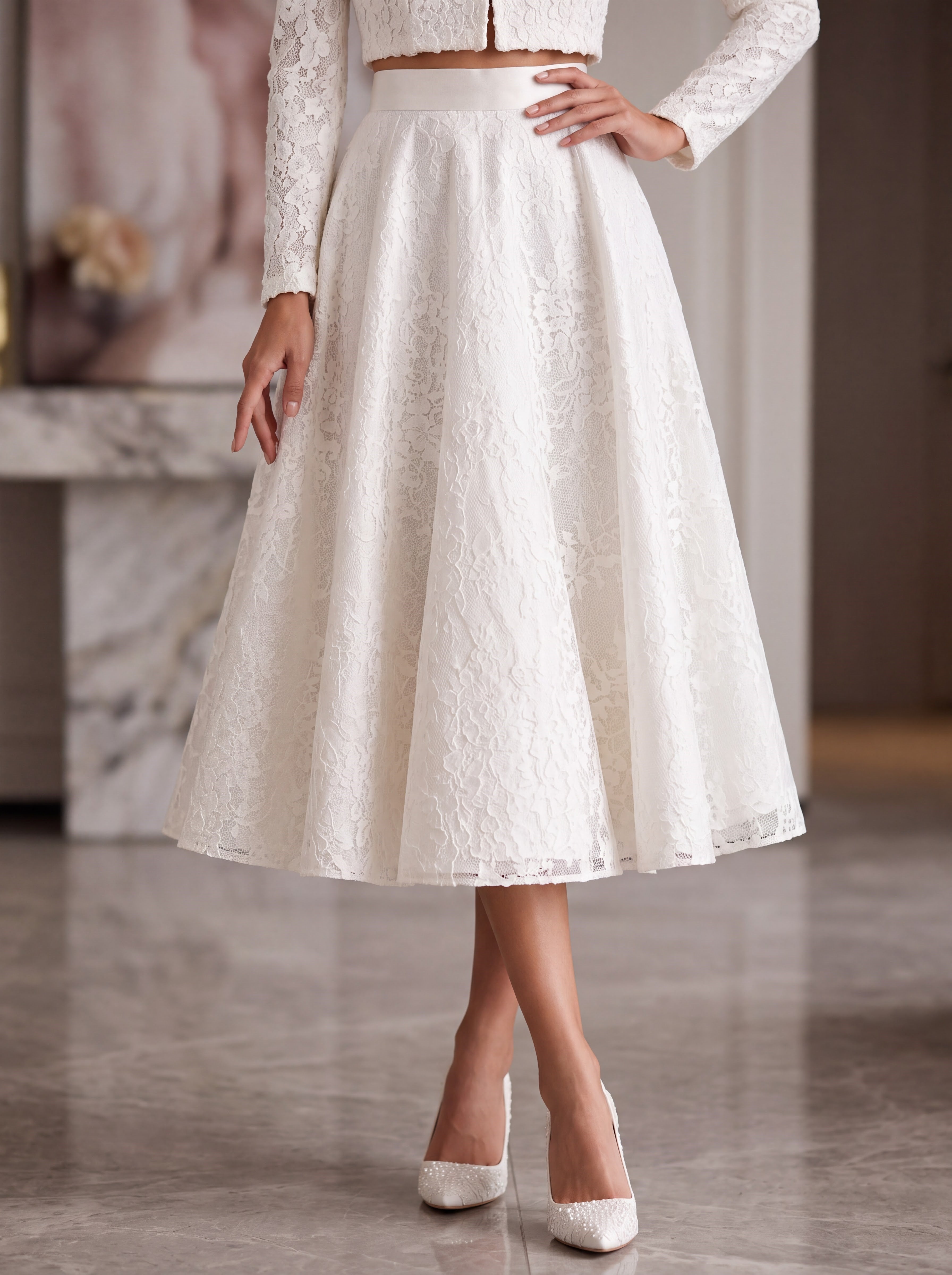 Ivory Lace Two-Piece Midi Dress Set