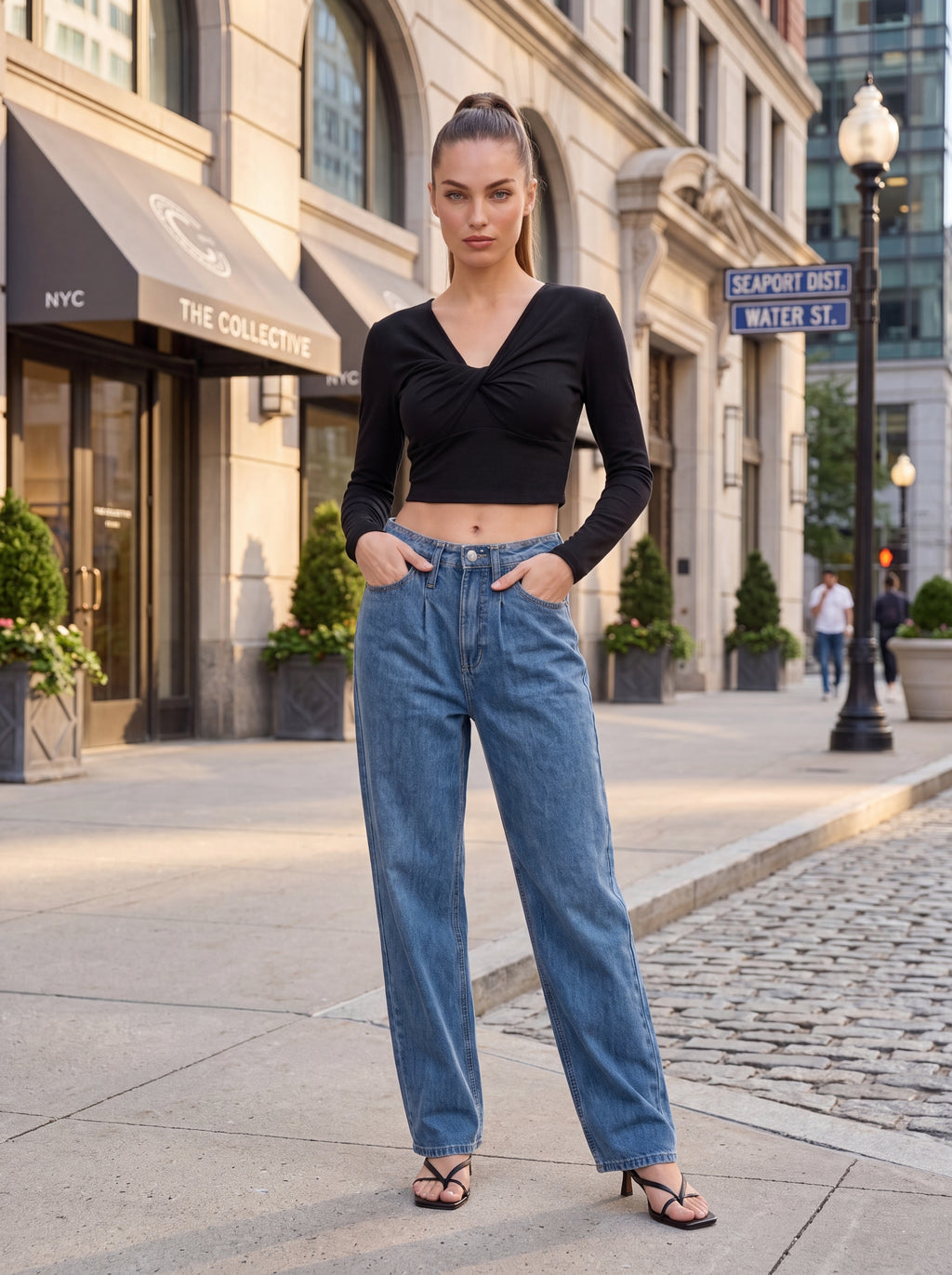 Women's Black Twist Front Long Sleeve Crop Top – Elegant European Fitted Top