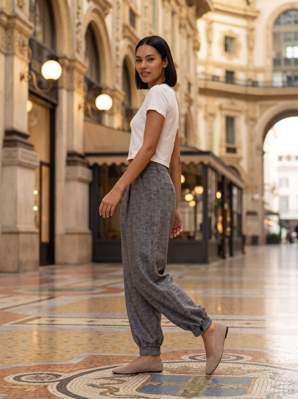 Women's Grey Textured Jogger Trousers – Premium European High-Waisted Relaxed Fit Pants