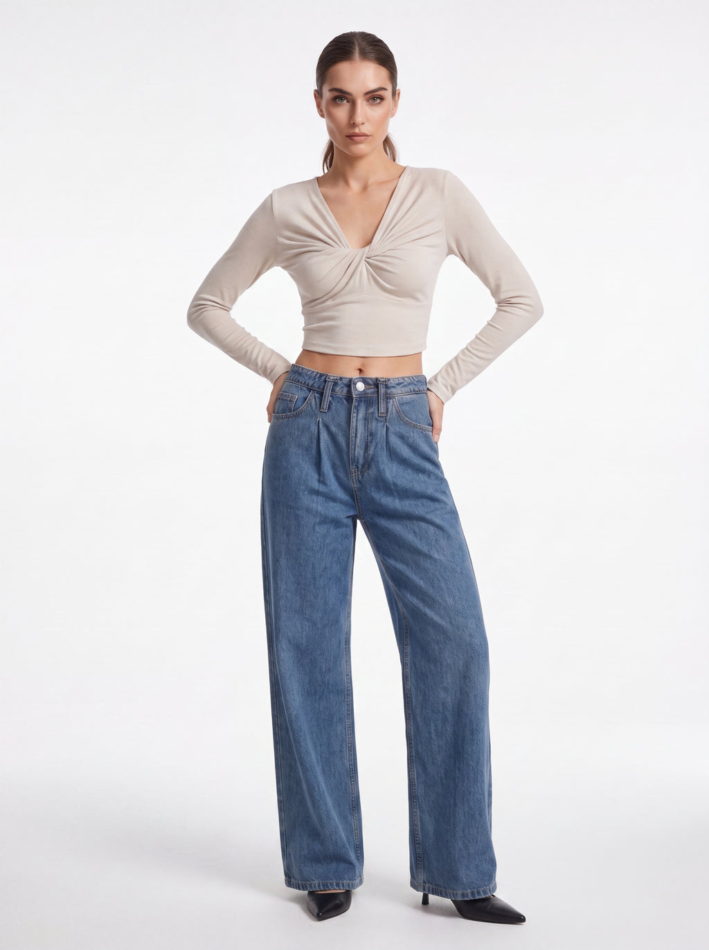 Women's Beige Twist Front Long Sleeve Crop Top – Elegant European Fitted Top