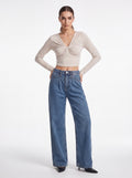 Women's Beige Twist Front Long Sleeve Crop Top – Elegant European Fitted Top