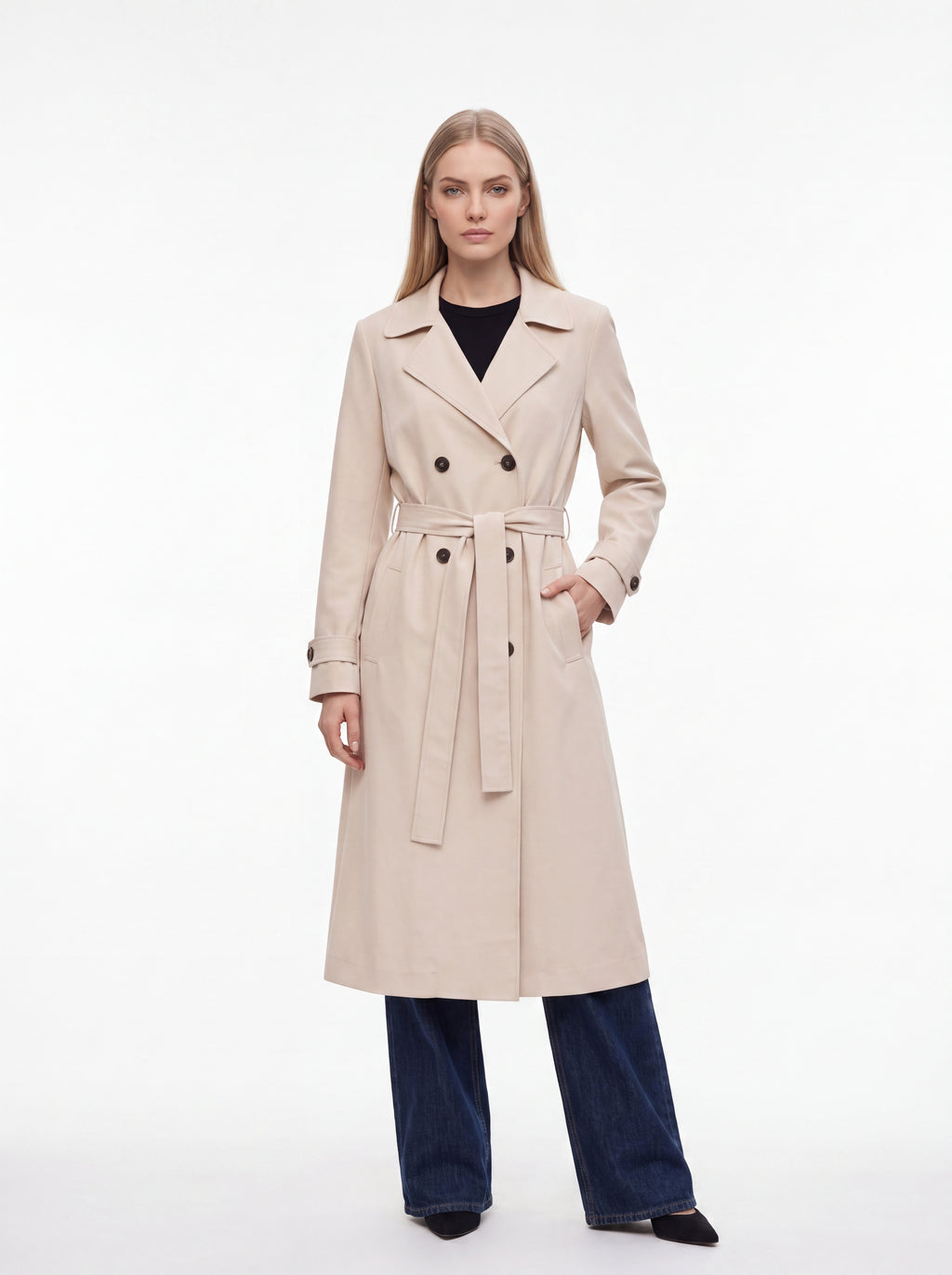 Women's Double-Breasted Belted Trench Blazer – Beige