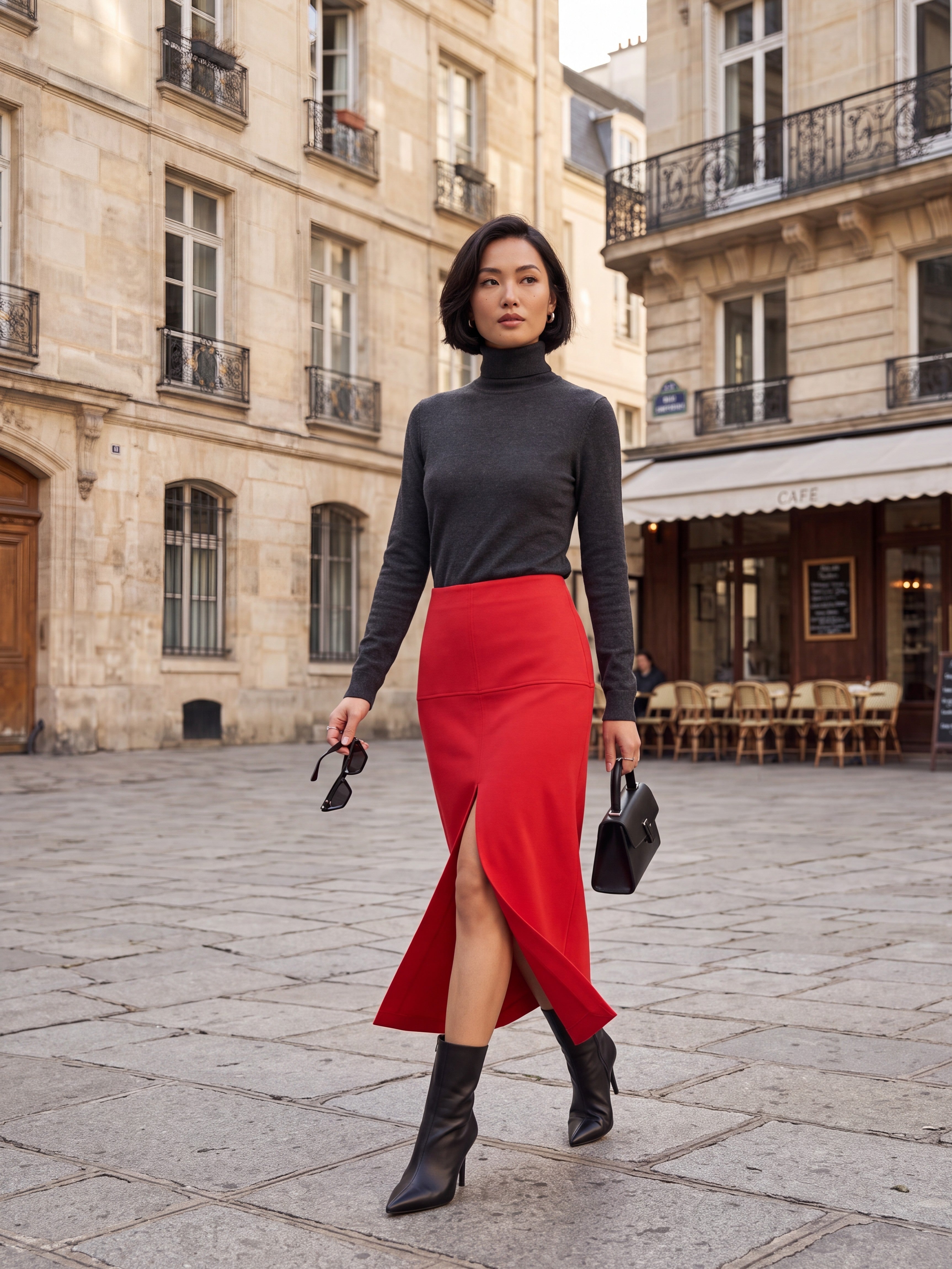 Women's Red Front Slit Midi Pencil Skirt
