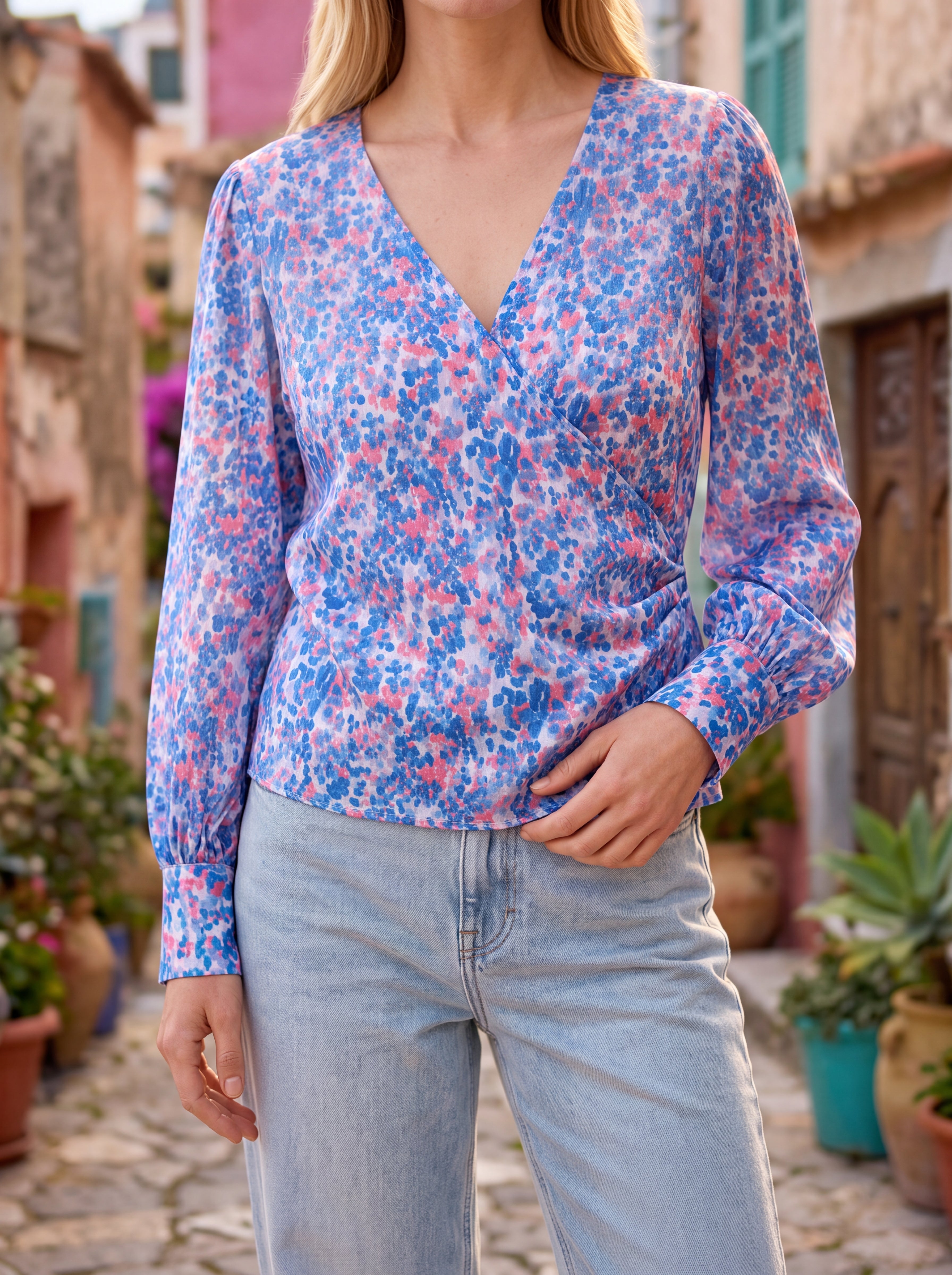 Women's Floral Wrap Top | Premium European Long Sleeve Blouse