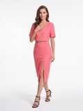 Women's High-Waisted Pencil Midi Skirt | Premium European Coral Pink Front Slit Skirt