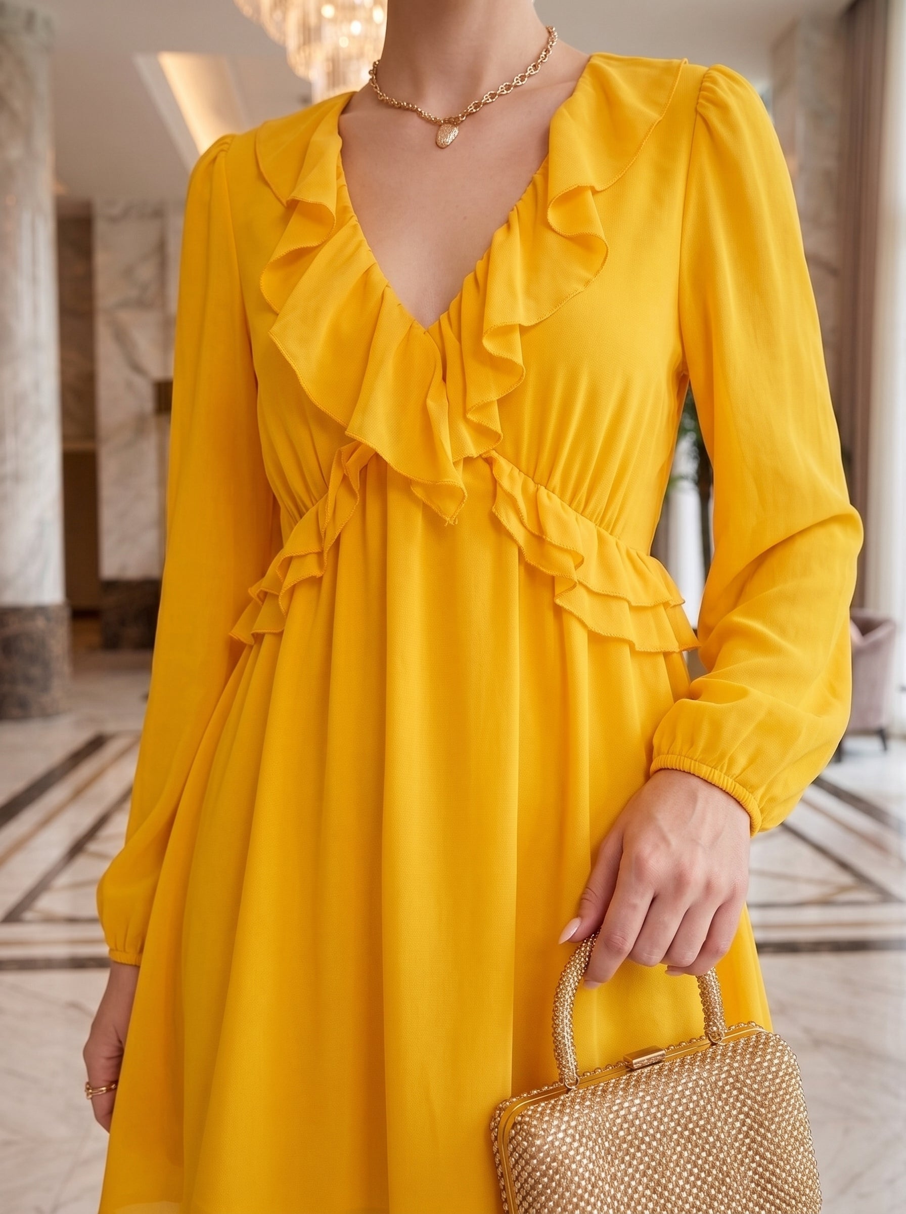 Women's Mustard Yellow Ruffle Mini Dress – Elegant Long Sleeve Party Dress