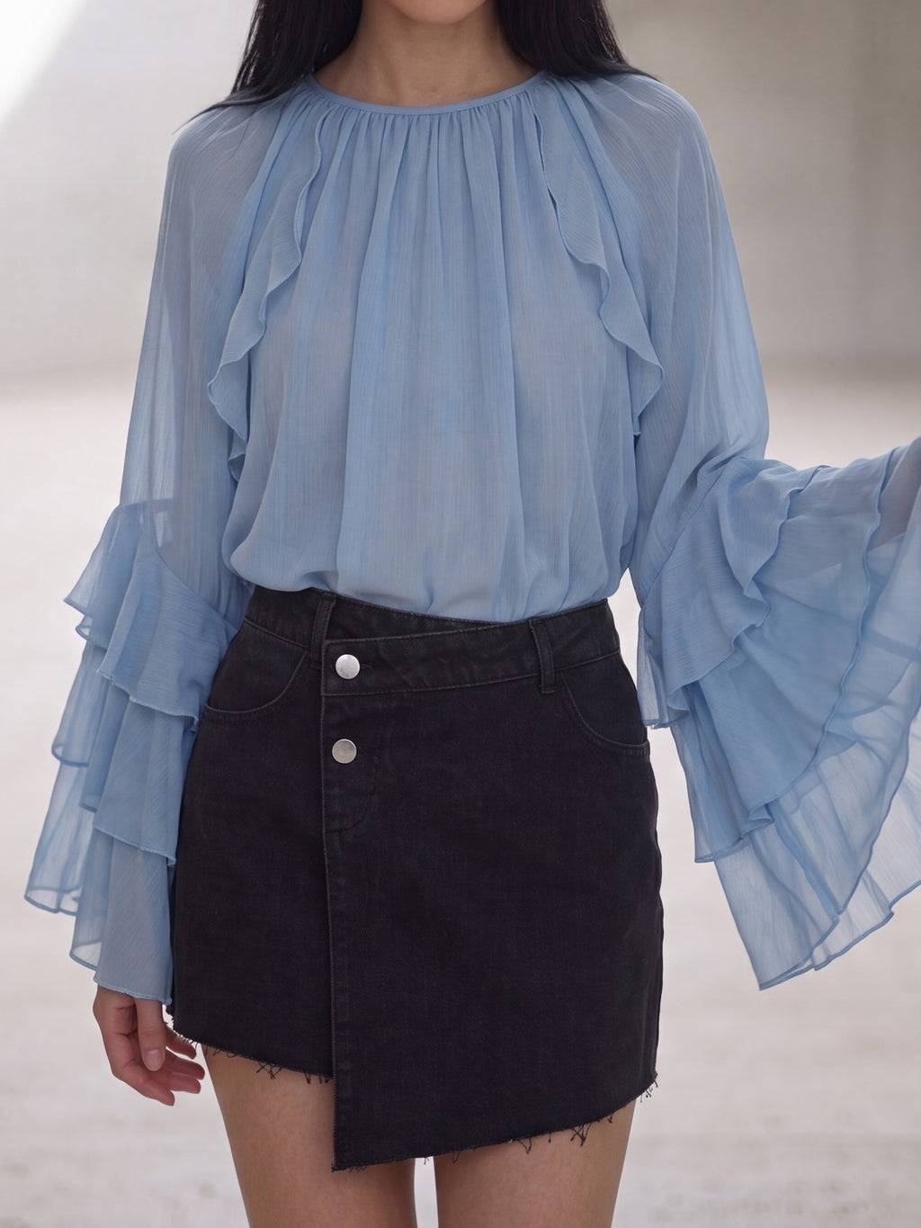 Women's Sky Blue Ruffle Sleeve Blouse | Premium European Women's Elegant Top