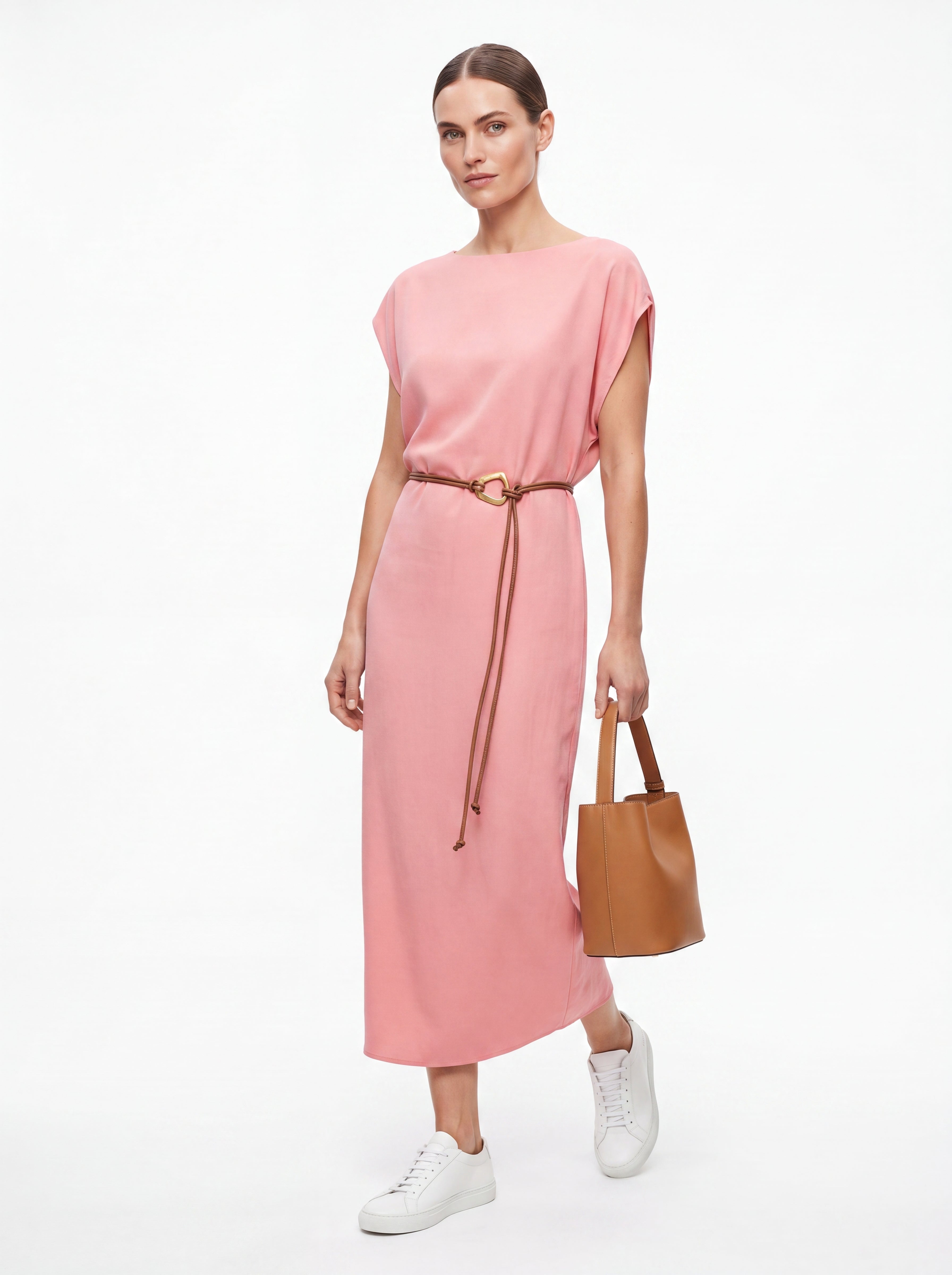 Women's Minimalist Belted Midi Dress – Blush Pink