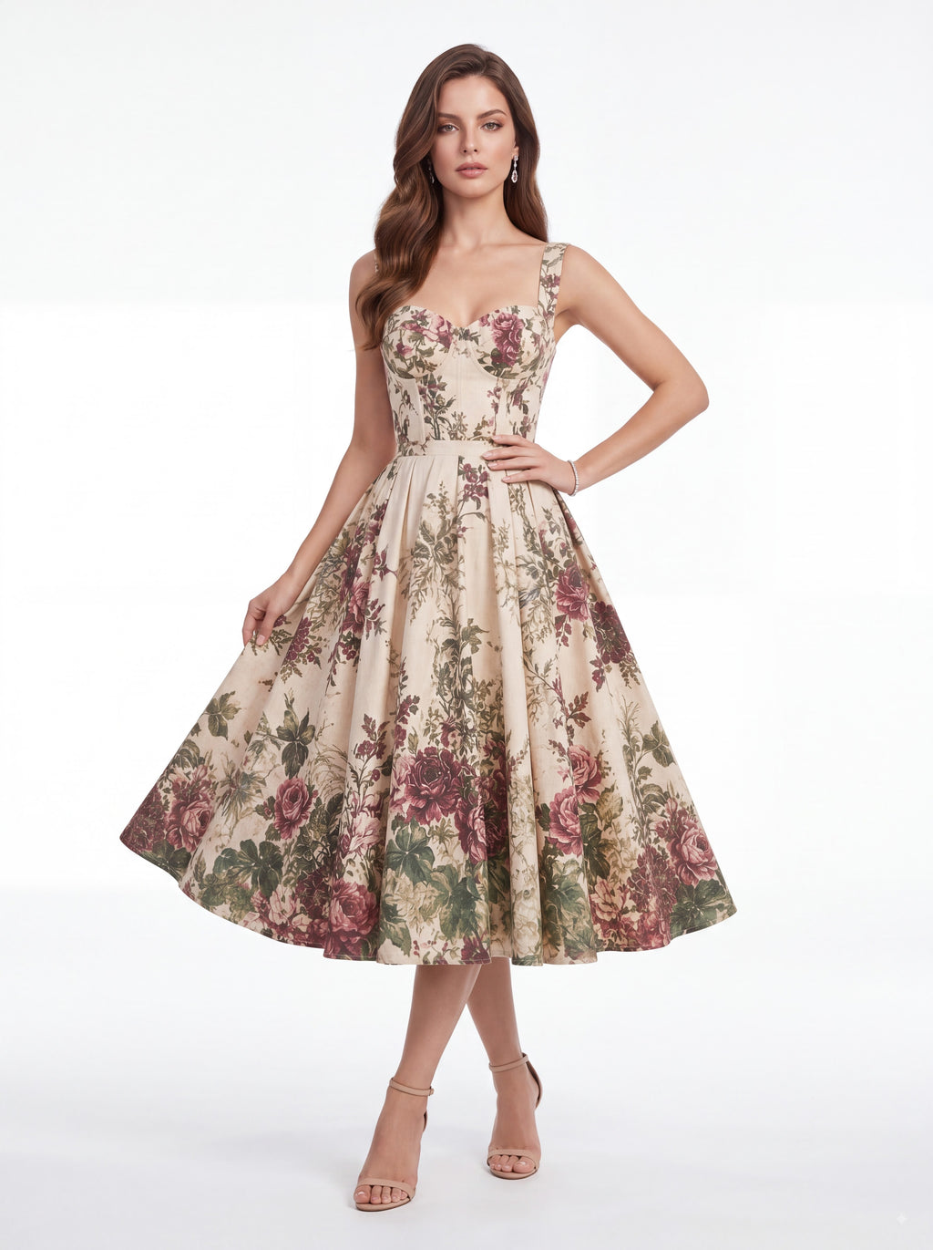 Vintage Floral Sweetheart Midi Dress