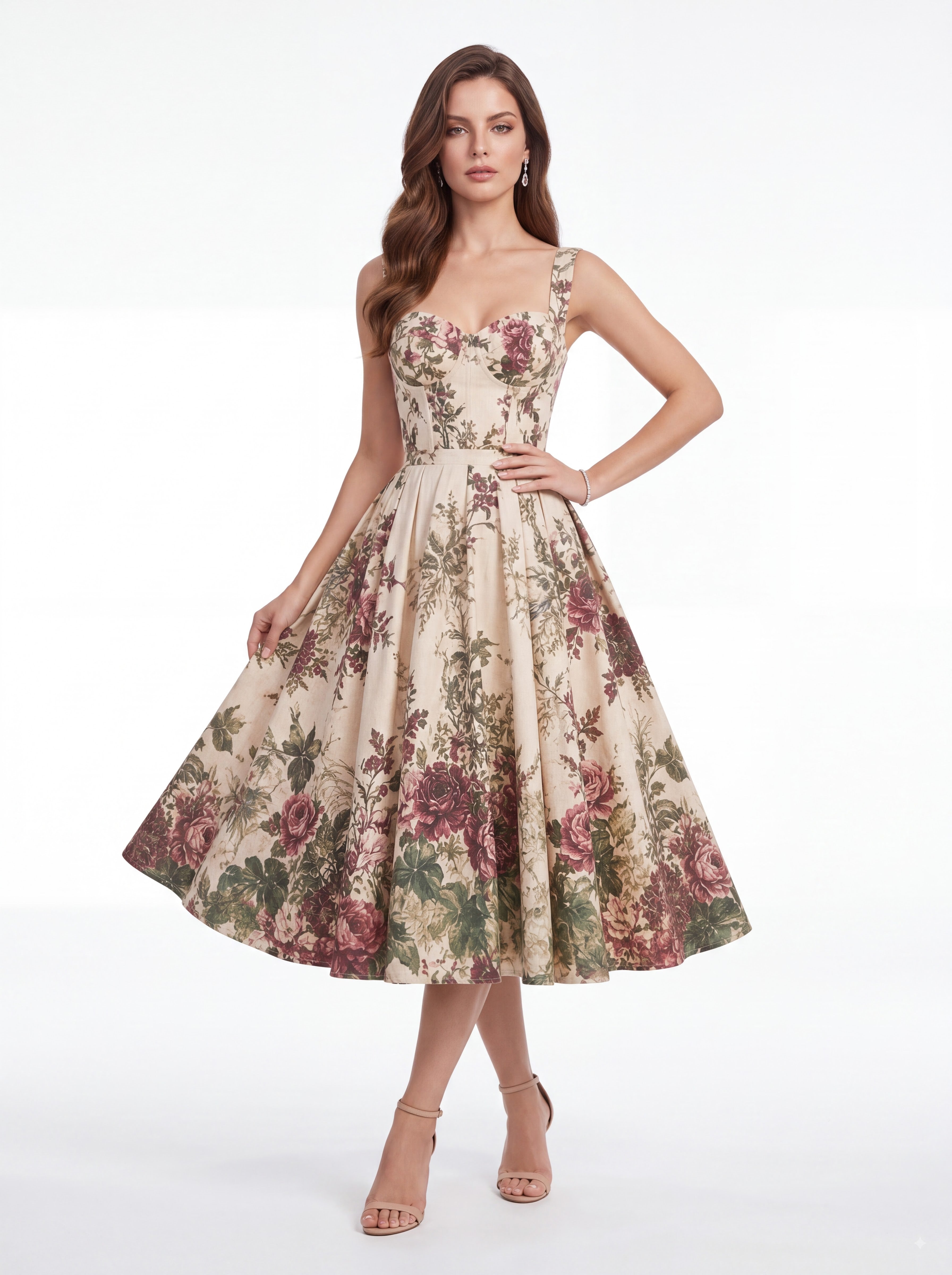 Vintage Floral Sweetheart Midi Dress