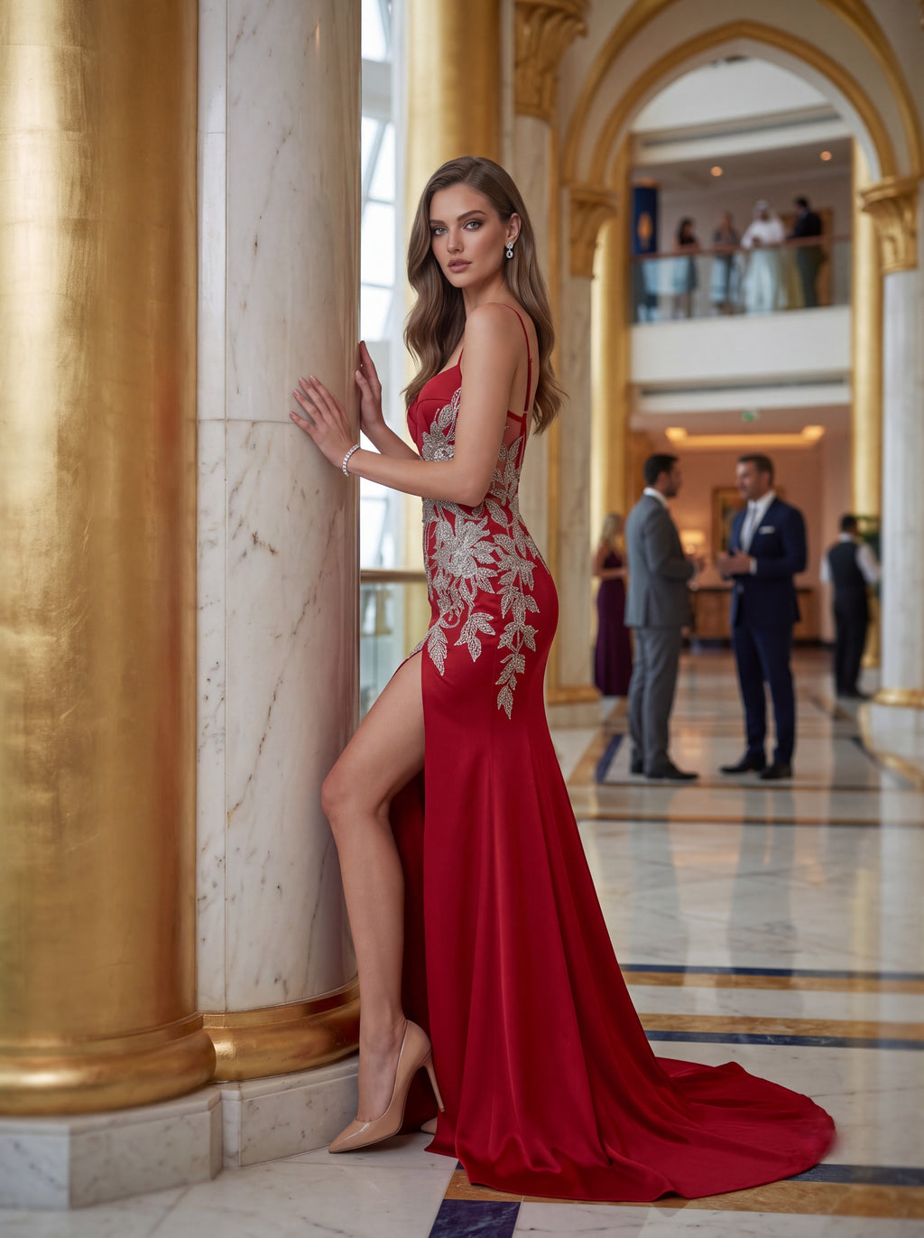 Ruby Red Satin Evening Gown