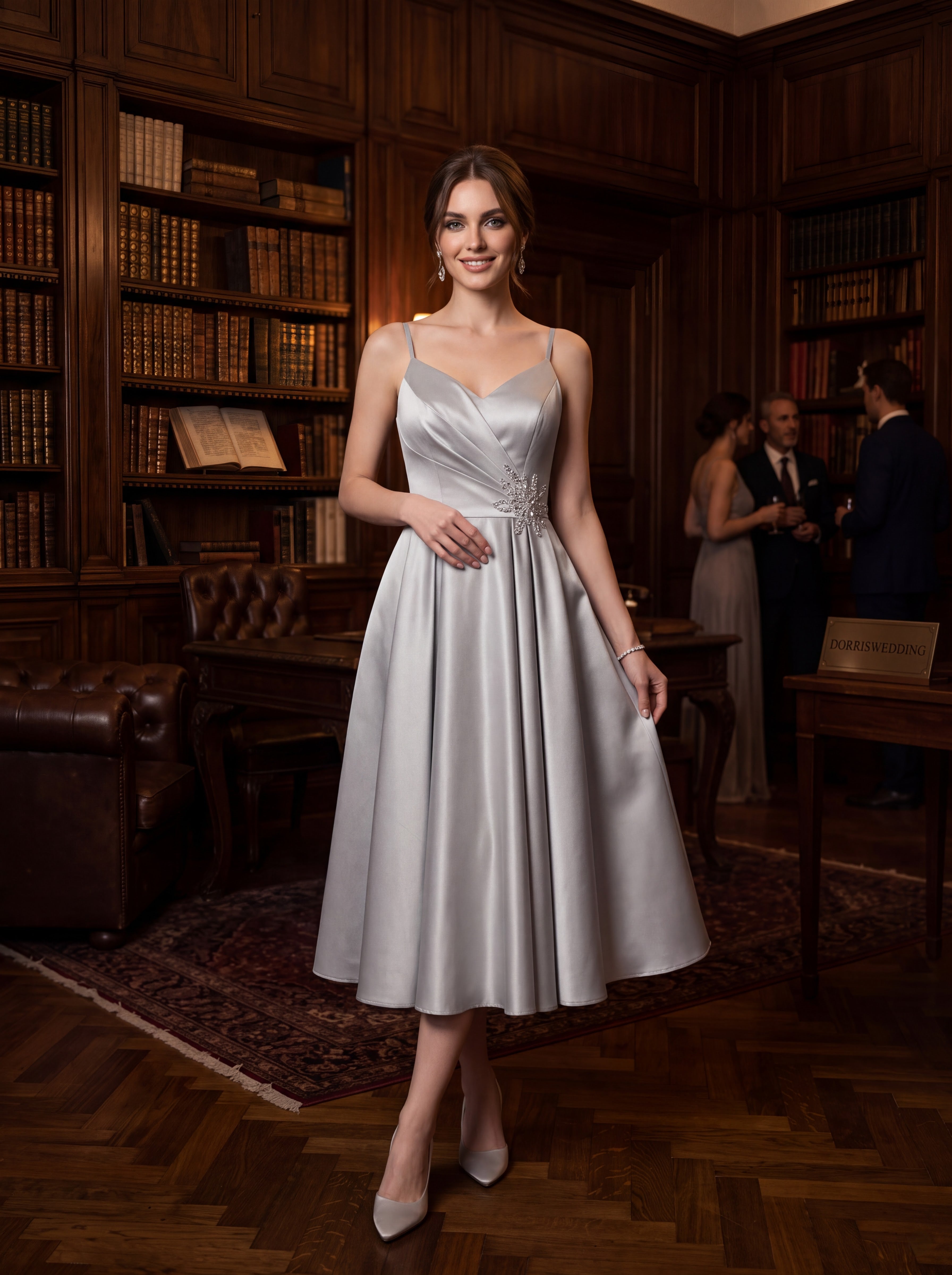 Silver Satin A-Line Midi Dress