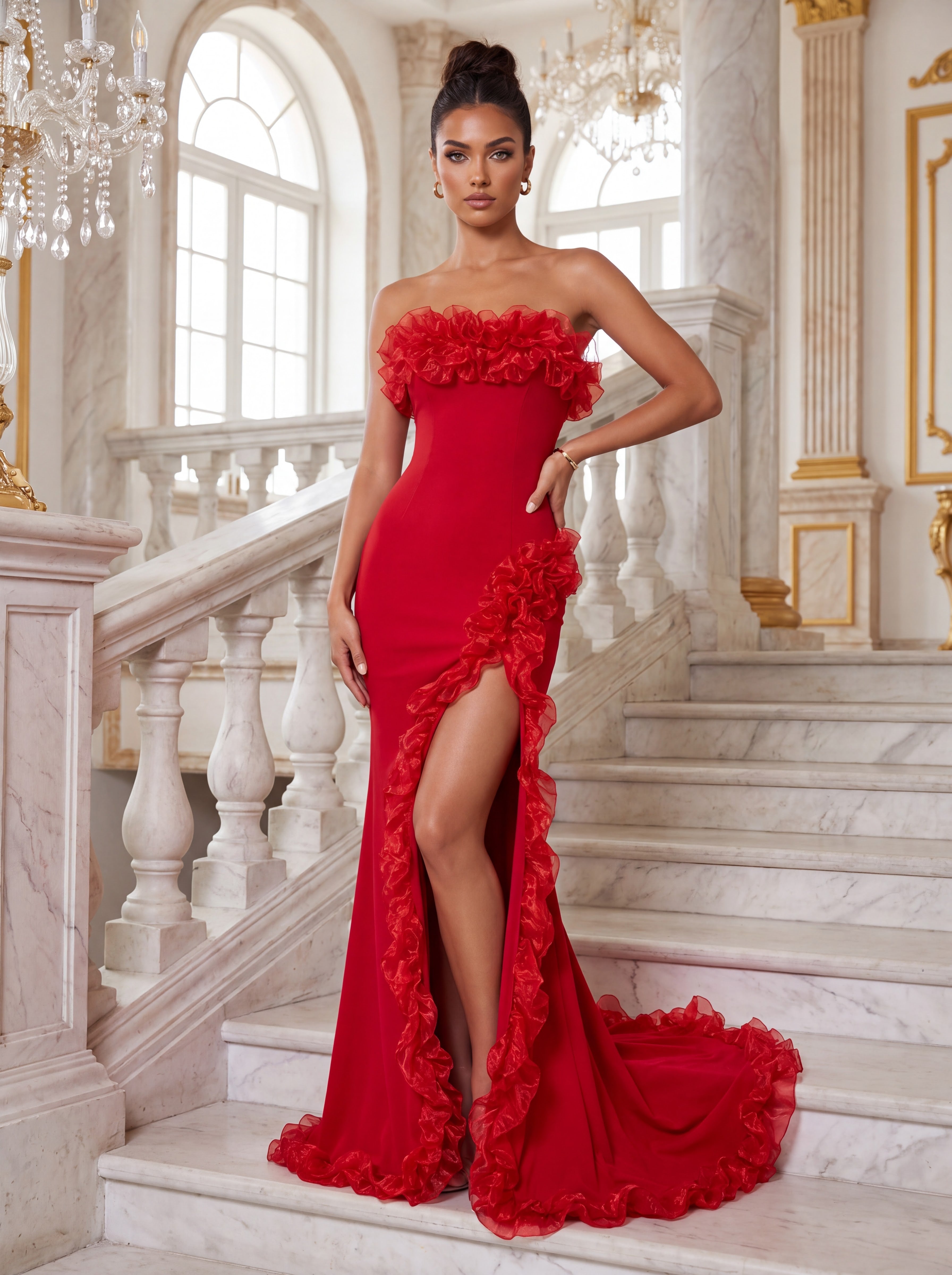 Red Strapless Ruffle Mermaid Evening Gown