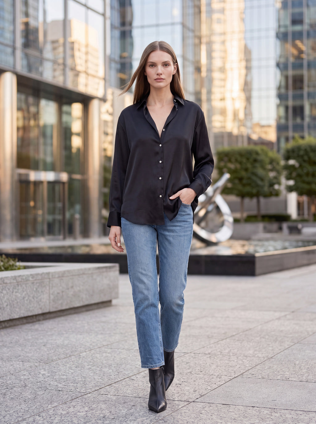 Women's Black Satin Button-Down Shirt | Premium European Long Sleeve Elegant Blouse