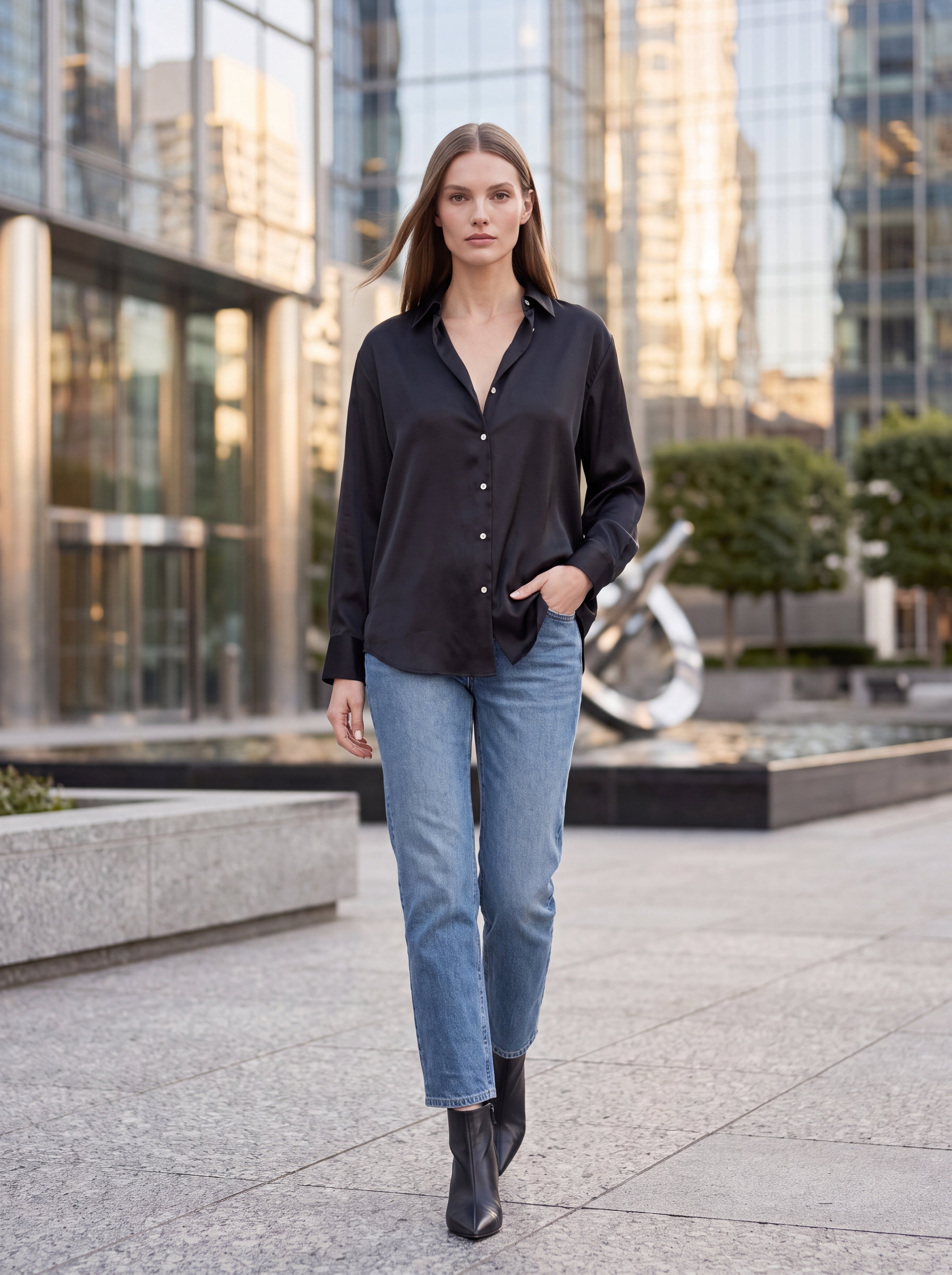 Women's Black Satin Button-Down Shirt | Premium European Long Sleeve Elegant Blouse
