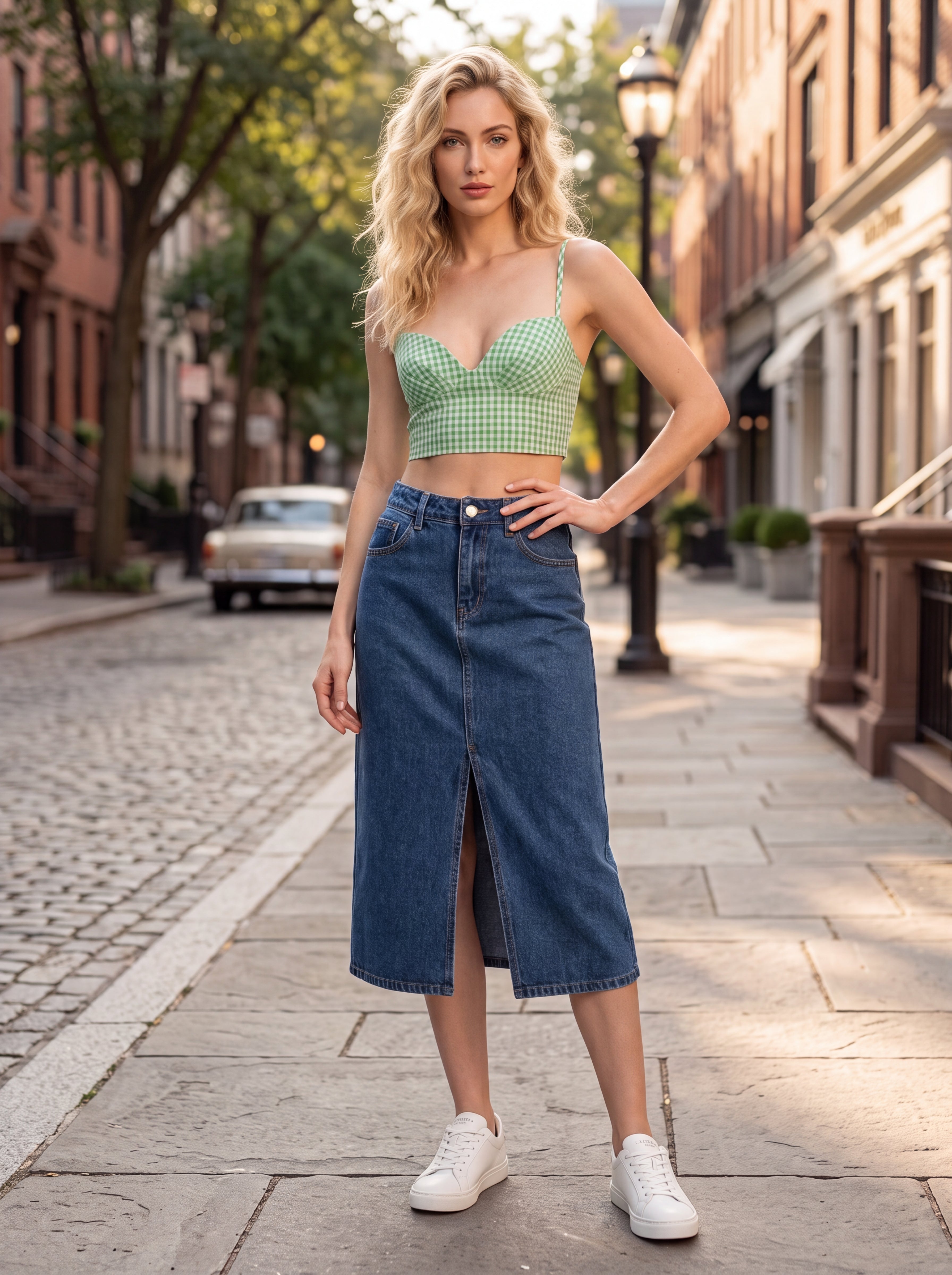 Women's Green Gingham Sweetheart Crop Top | Premium European Summer Strappy Top