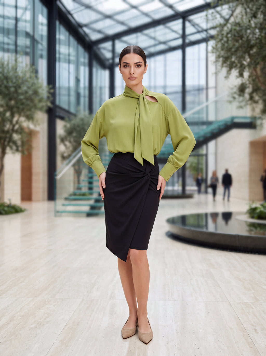 Woman's Sage Green Tie-Neck Blouse | Premium European Women's Elegant Top