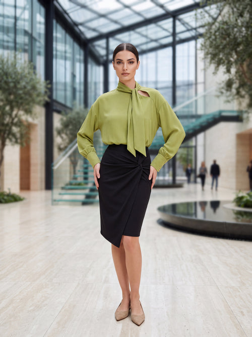 Woman's Sage Green Tie-Neck Blouse | Premium European Women's Elegant Top