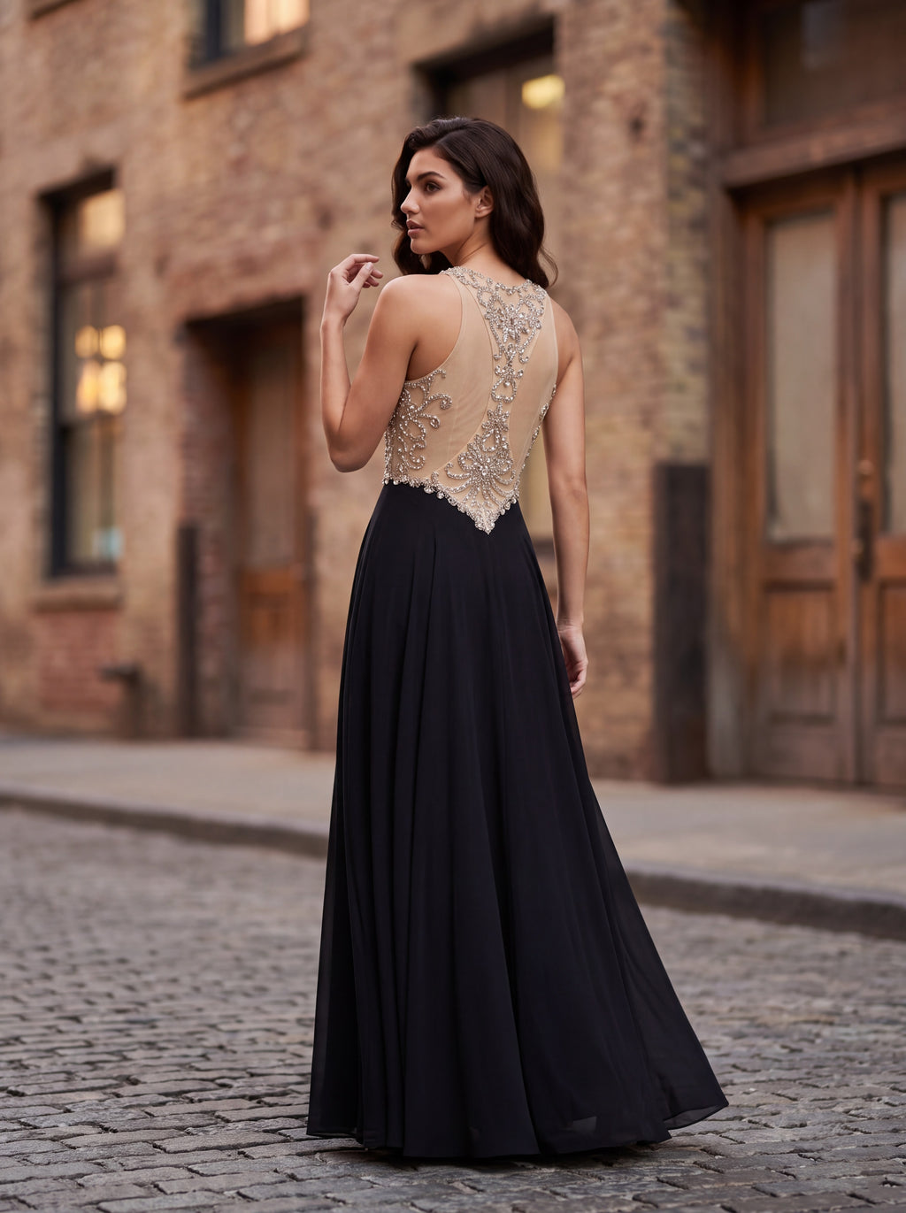 Black & Champagne Embellished Evening Gown
