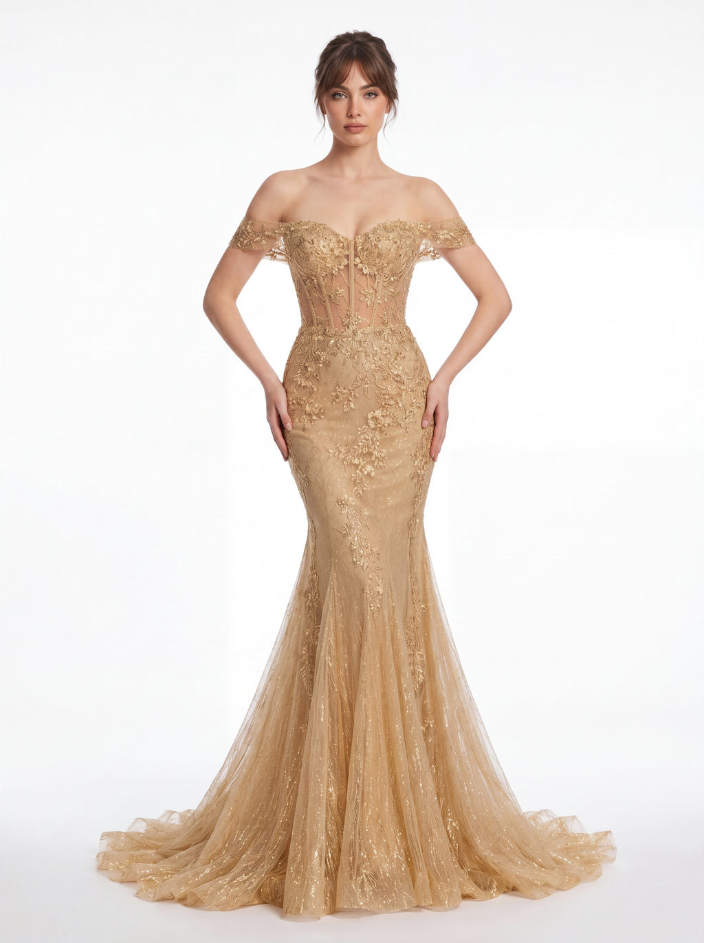 Champagne Gold Off-Shoulder Mermaid Evening Gown