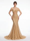 Champagne Gold Off-Shoulder Mermaid Evening Gown