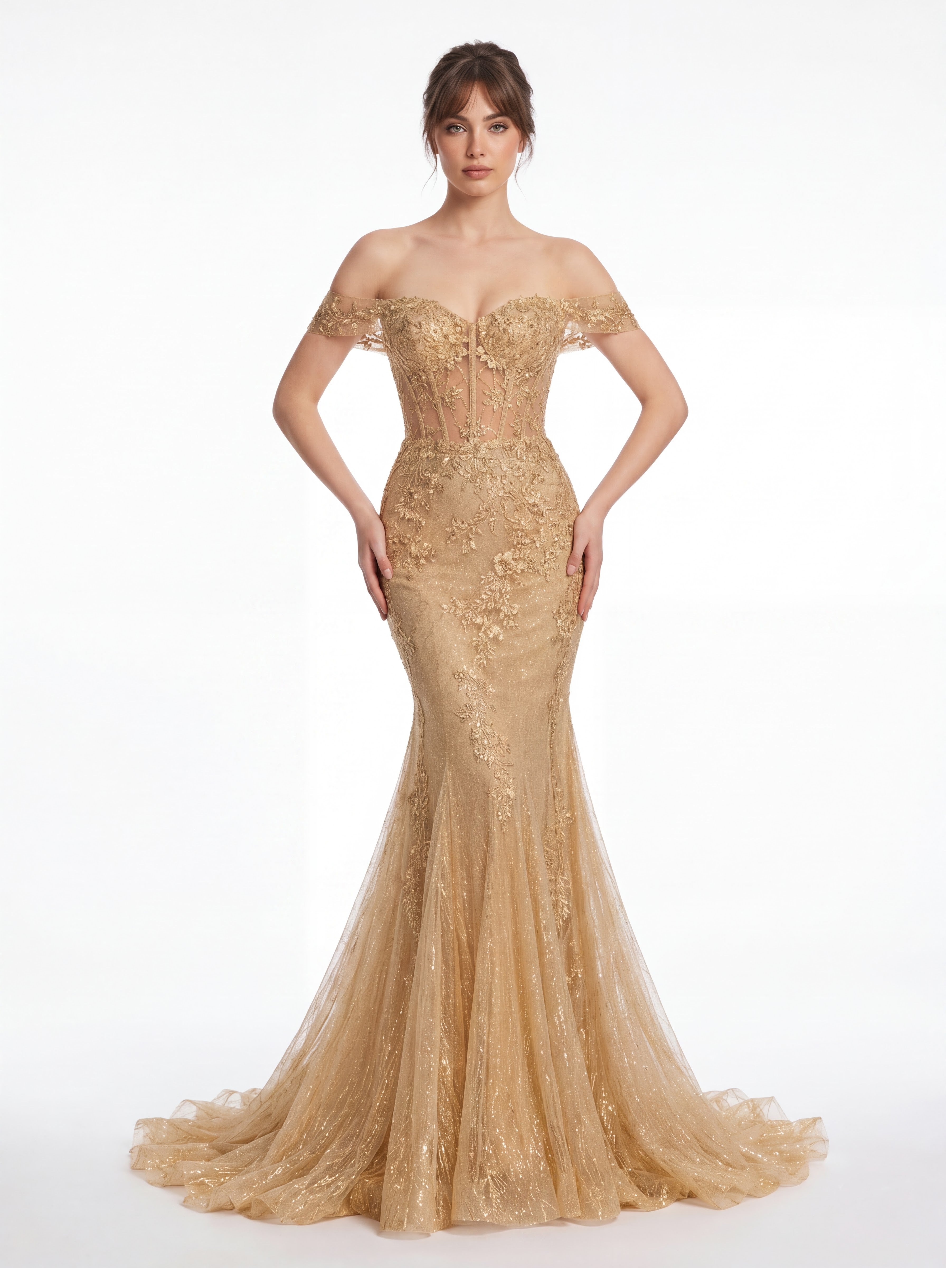 Champagne Gold Off-Shoulder Mermaid Evening Gown