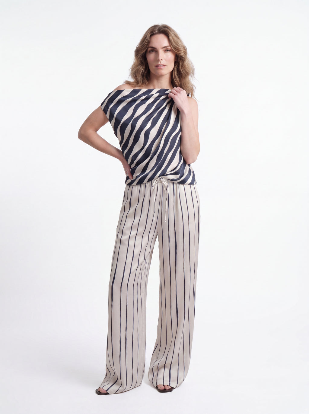 Women's Beige Striped Drawstring Wide Leg Lounge Pants – Premium European Relaxed Trousers