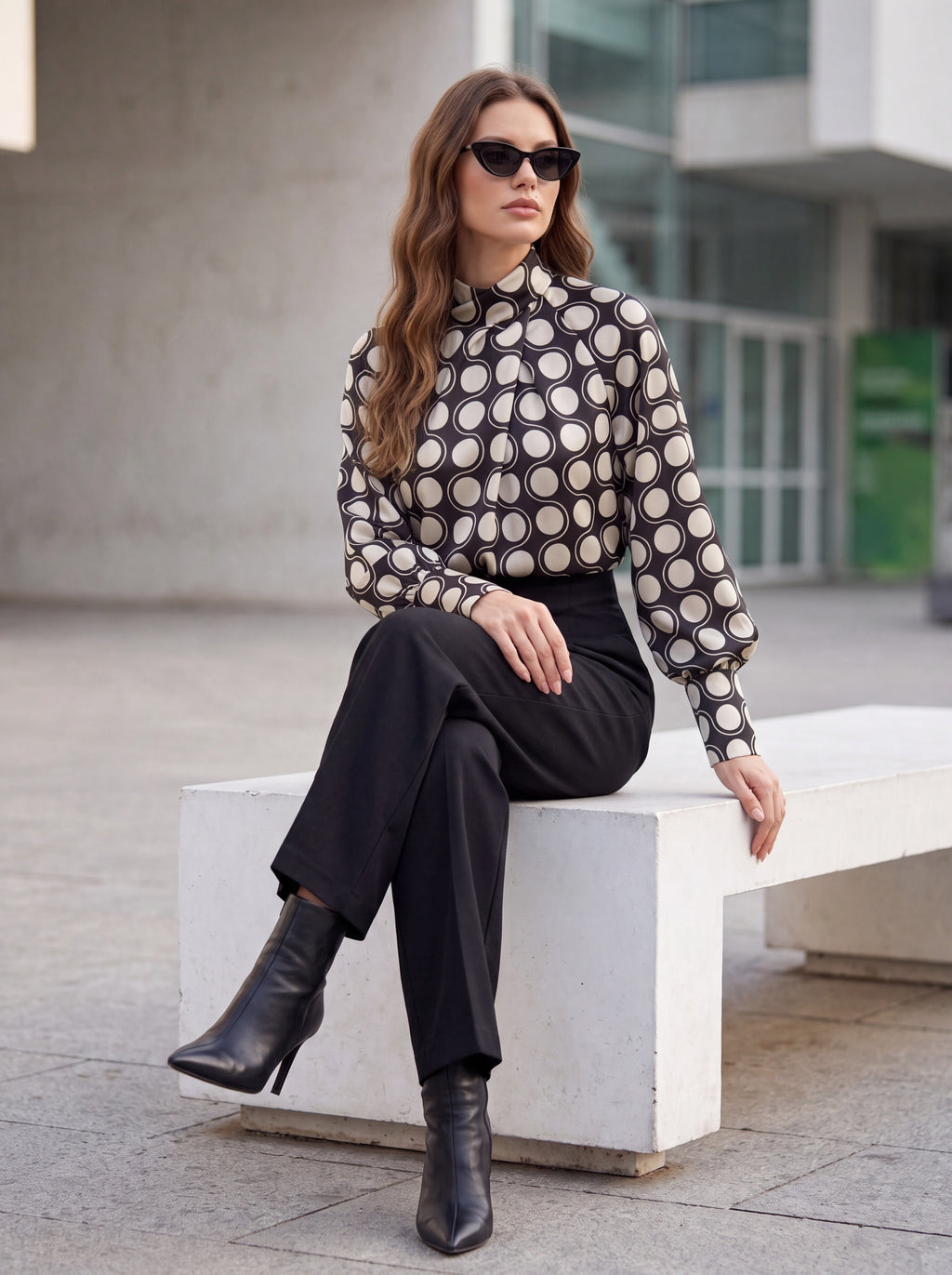 Women's Black & Beige Polka Dot High Neck Blouse | Premium Printed Long Sleeve Top