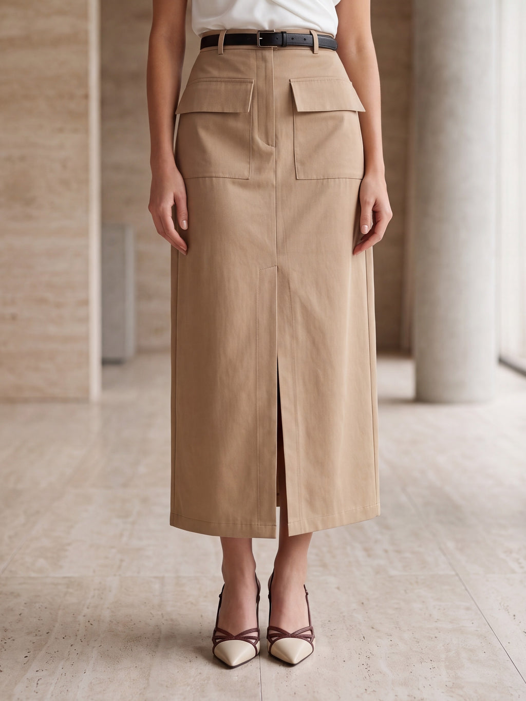 Women's Beige Utility Midi Skirt | Premium European High-Waisted Cargo Skirt