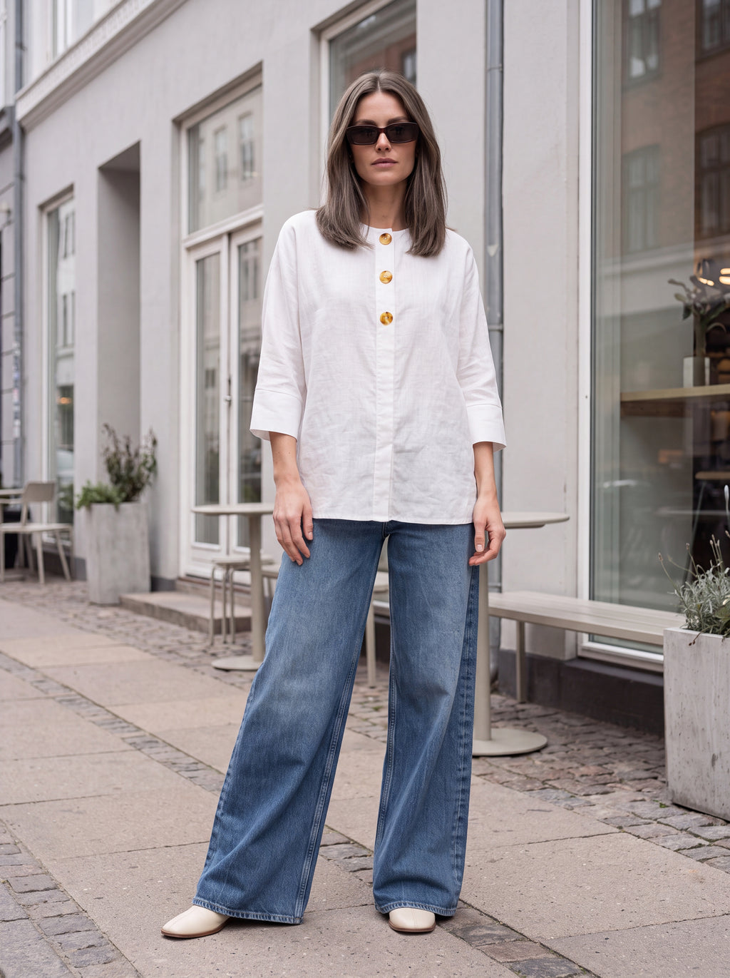 Women's White Linen Button Detail Top | Premium Relaxed Casual Blouse