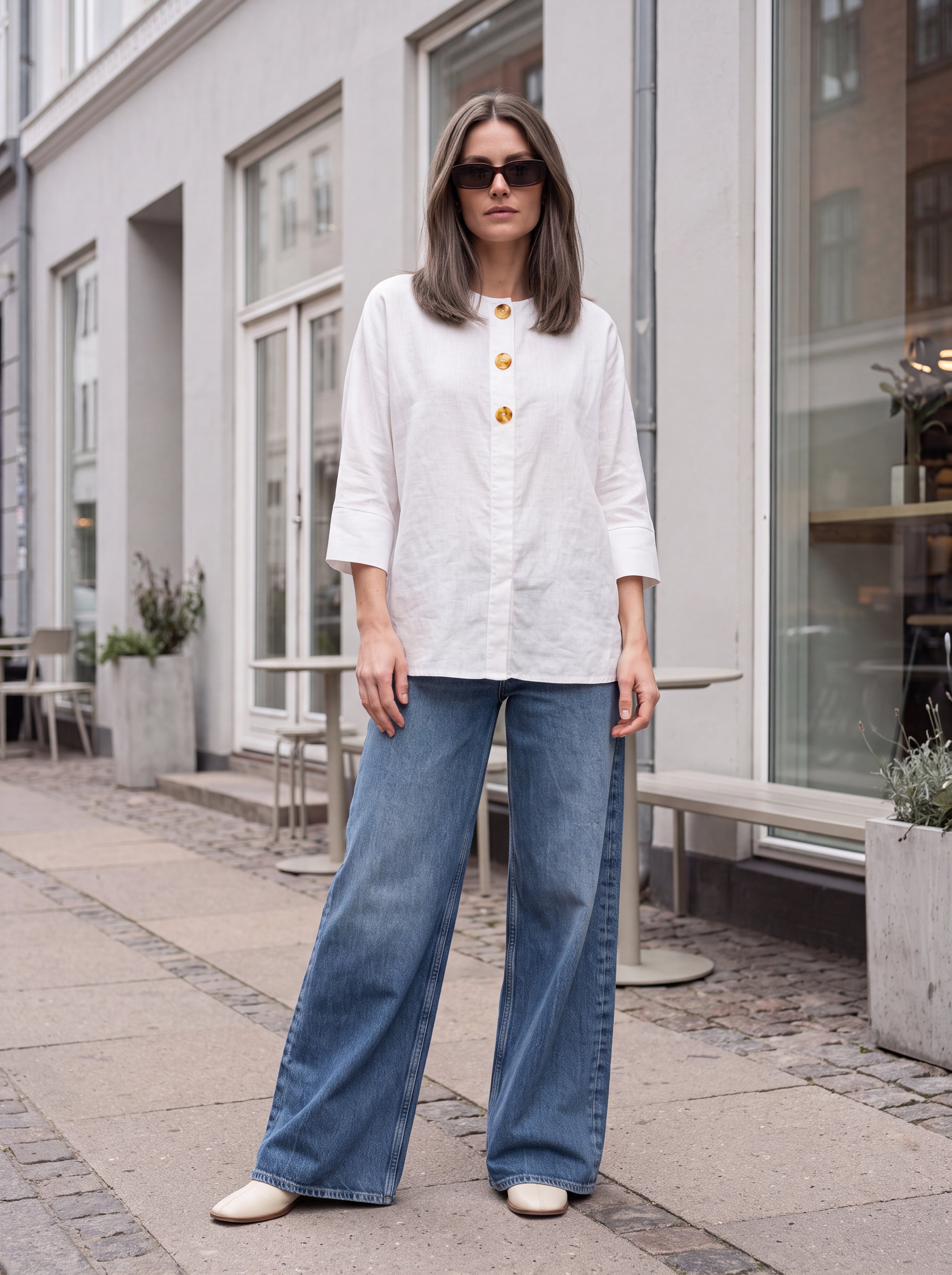 Women's White Linen Button Detail Top | Premium Relaxed Casual Blouse