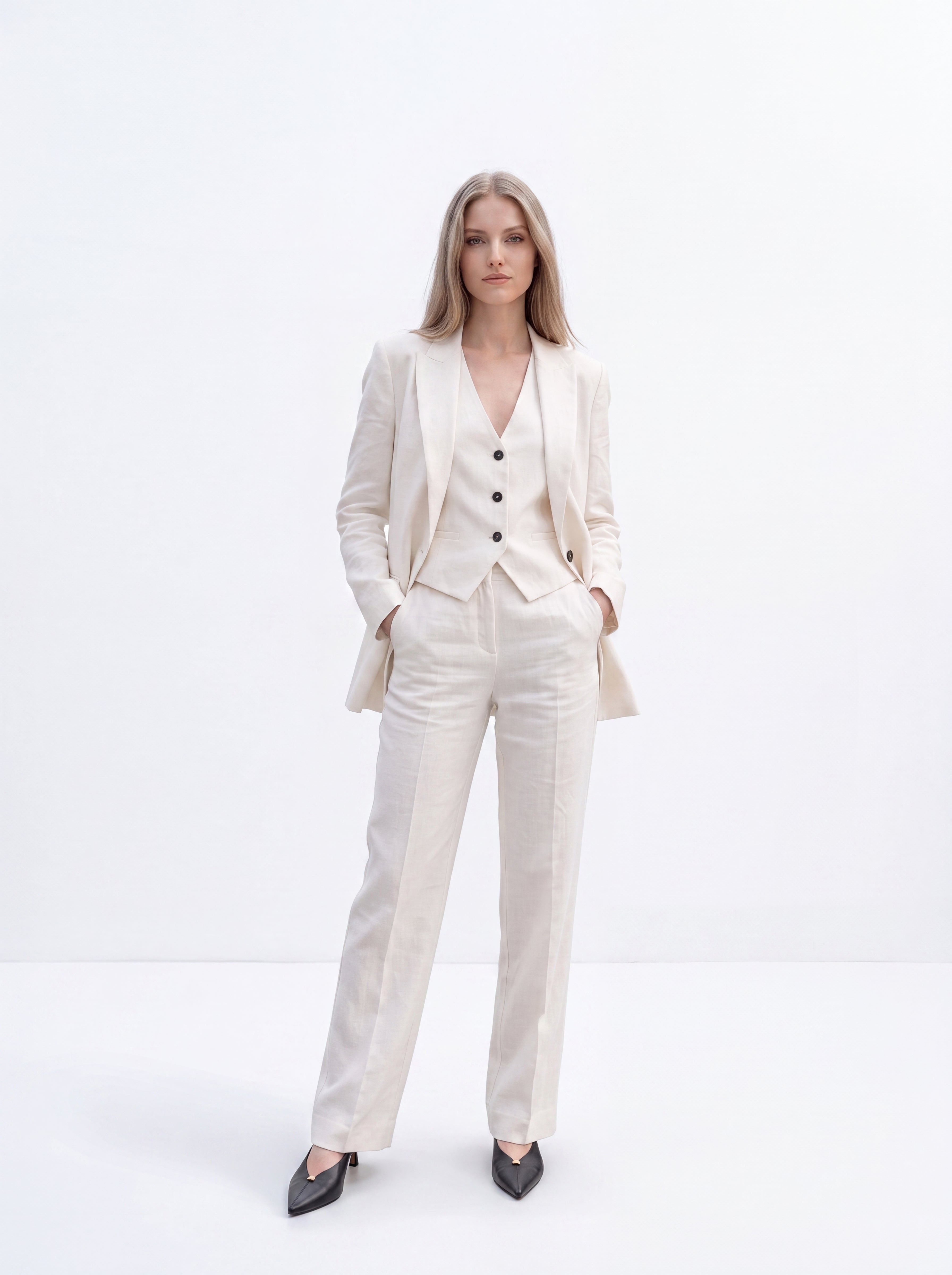 Women's Ivory Tailored Waistcoat – Premium European Linen Blend Vest Top
