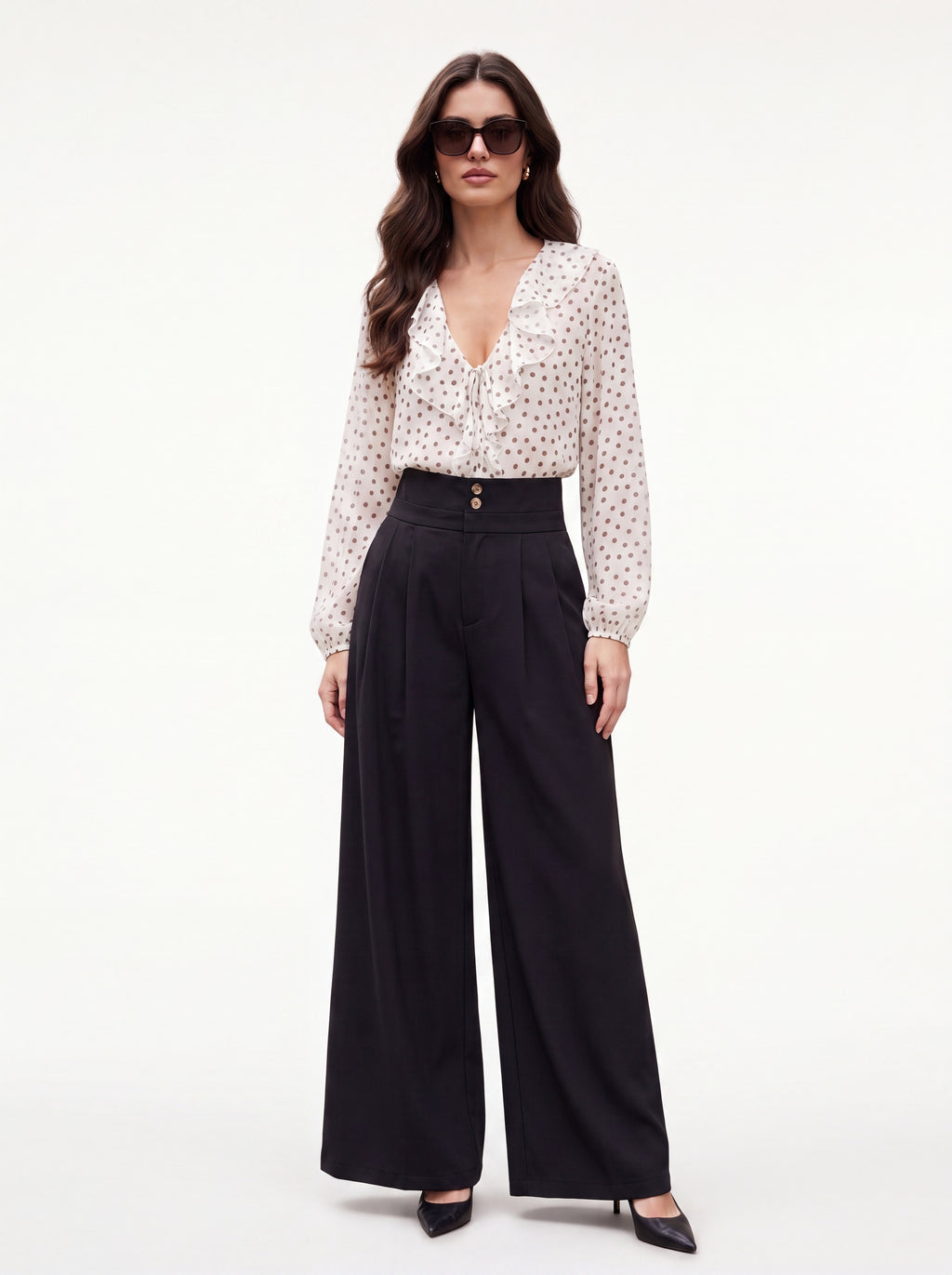 Women's White Polka Dot Ruffle Blouse | Elegant Long Sleeve Top