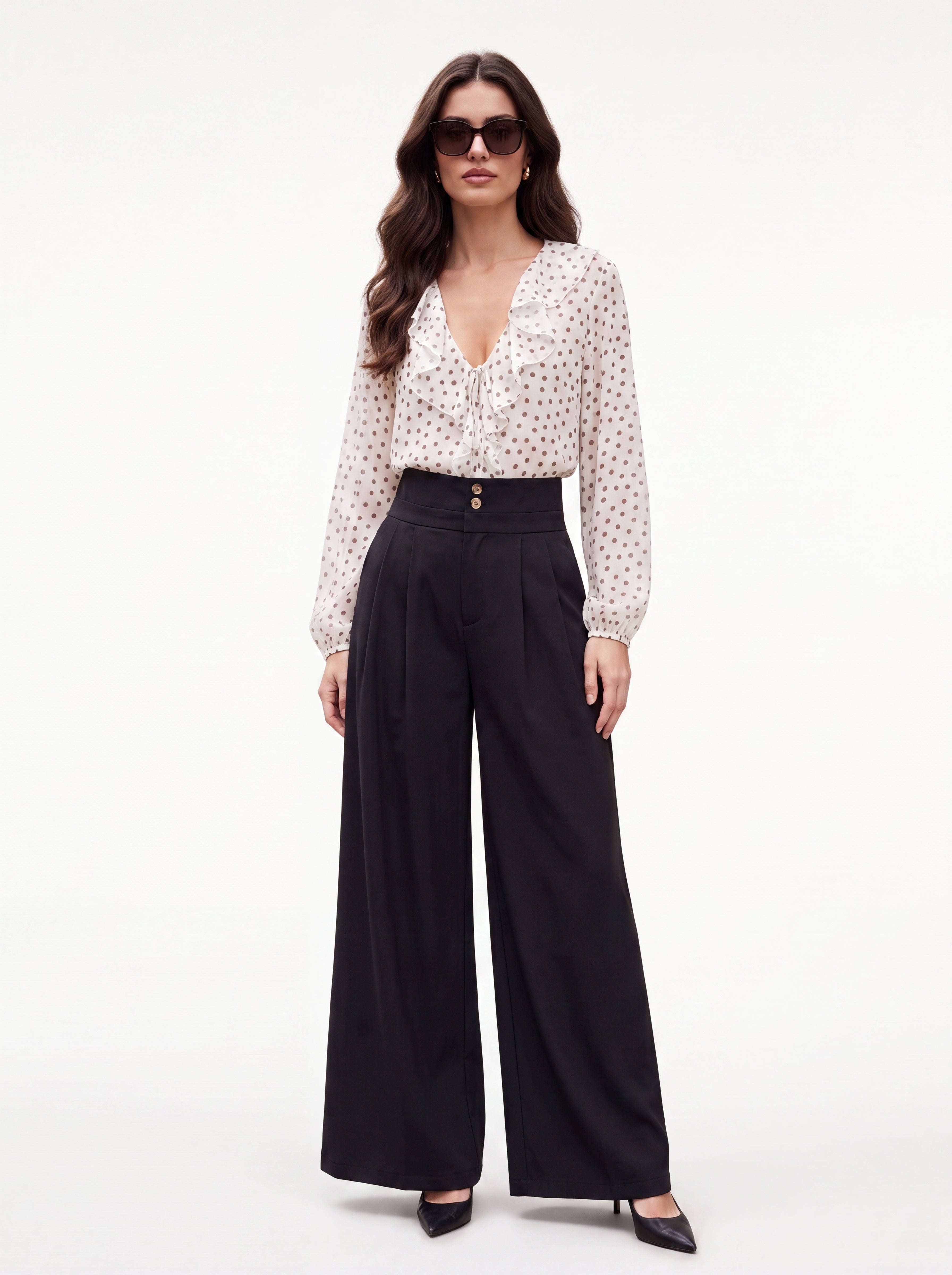 Women's White Polka Dot Ruffle Blouse | Elegant Long Sleeve Top