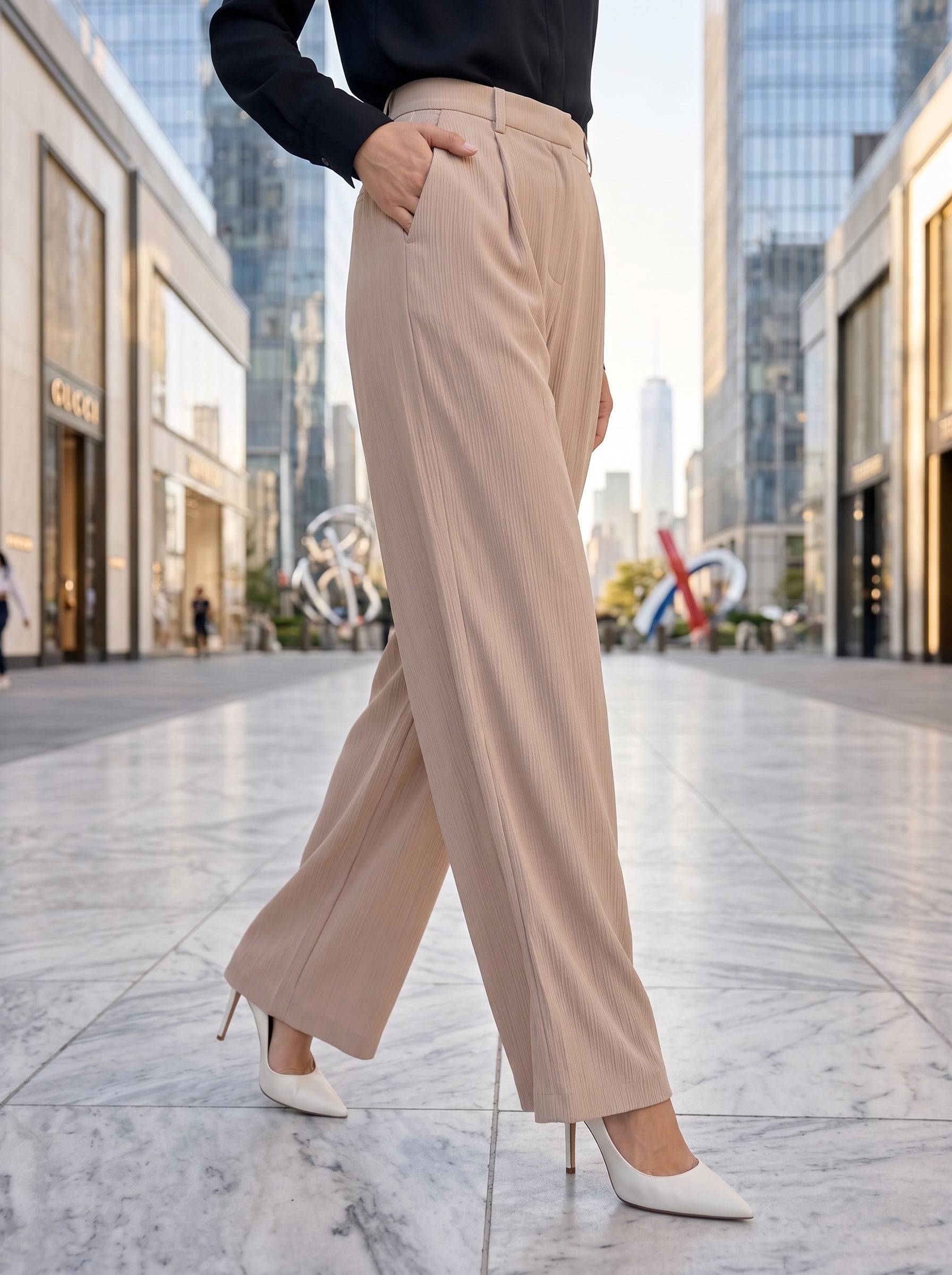Women's Beige High-Waisted Wide Leg Tailored Trousers – Premium European Office Wear
