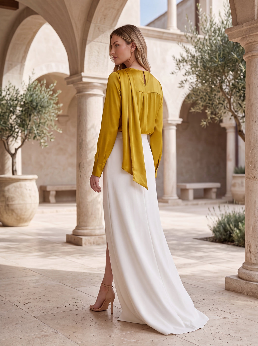 Women's Mustard Satin Cowl Neck Top | Premium European Long Sleeve Top