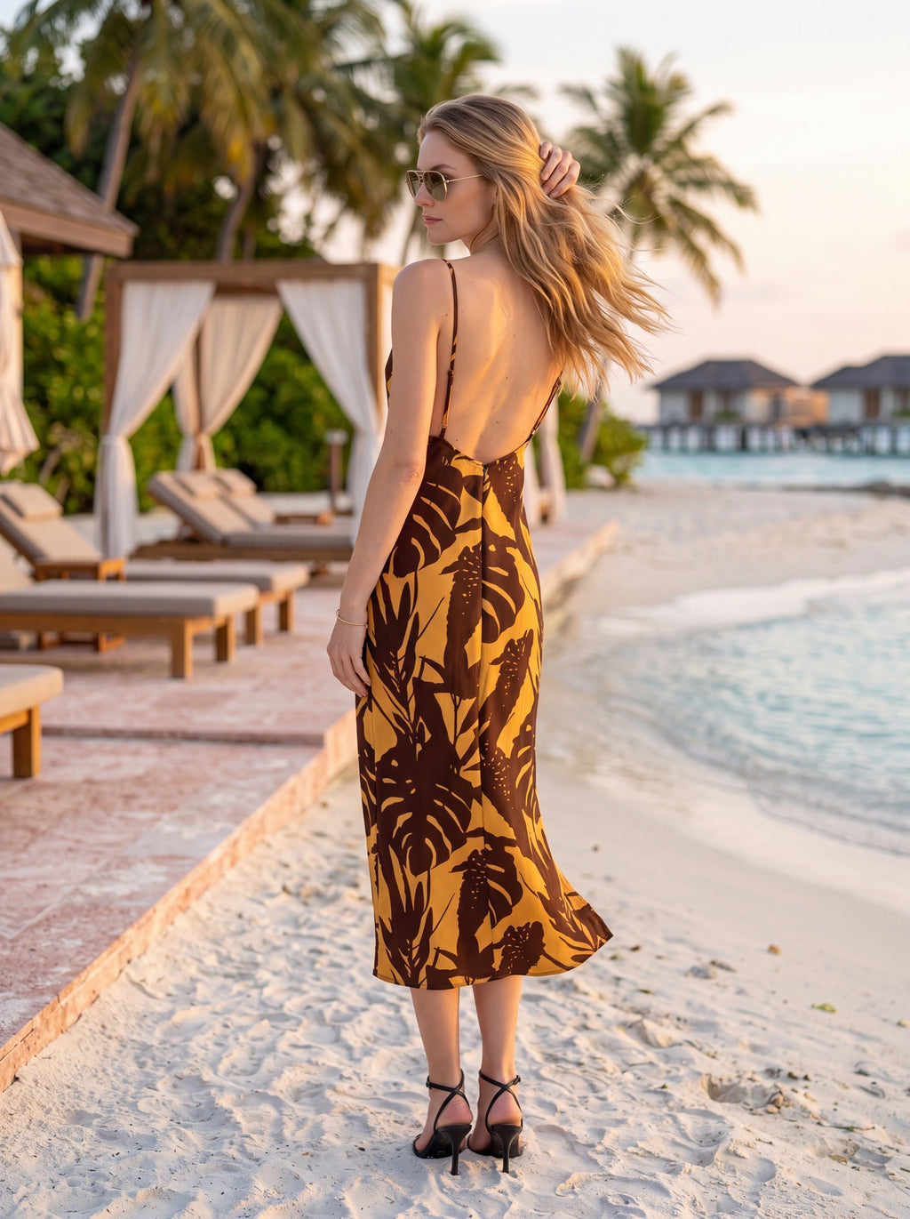Women's Tropical Print Midi Dress | Premium European Cowl Neck Slip Dress