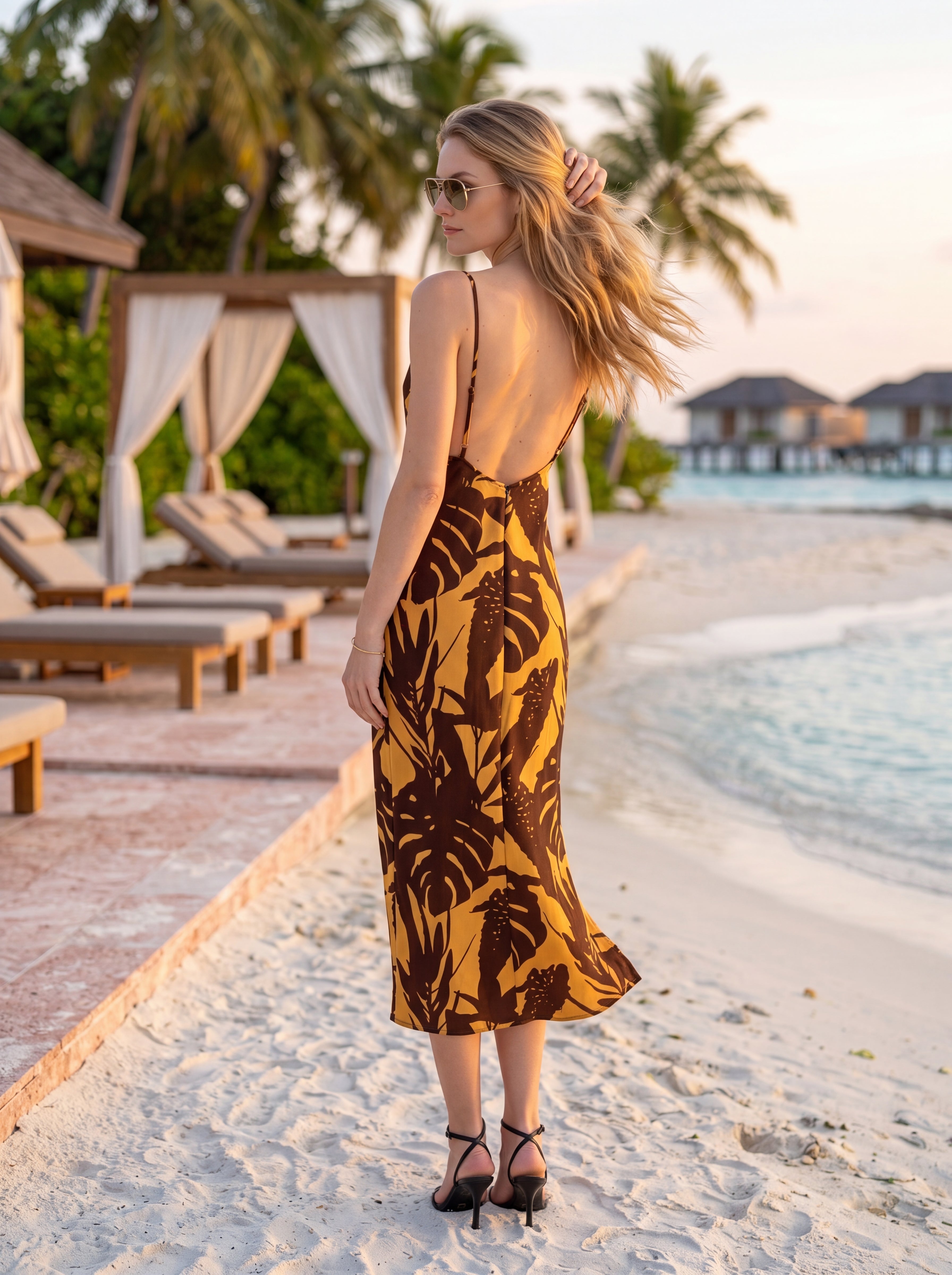 Women's Tropical Print Midi Dress | Premium European Cowl Neck Slip Dress